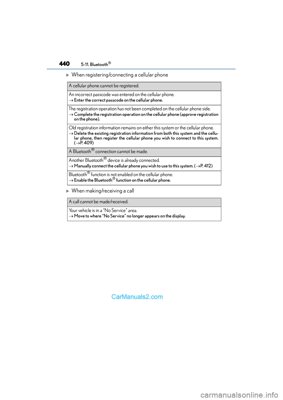 Lexus ES350 2015  Owners Manual - ES 300h, ES 350 4405-11. Bluetooth®
ES350_300h_OM_OM33B99U_(U)
�XWhen registering/connecting a cellular phone
�XWhen making/receiving a call
A cellular phone cannot be registered.
An incorrect passcode was entered o