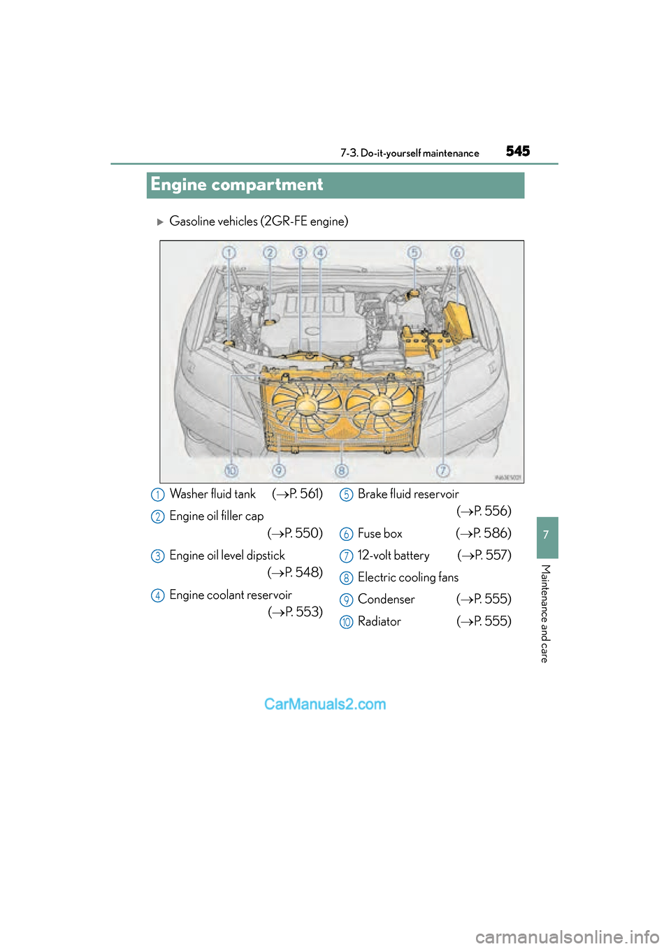 Lexus ES350 2015  Owners Manual - ES 300h, ES 350 545
ES350_300h_OM_OM33B99U_(U)
7-3. Do-it-yourself maintenance
7
Maintenance and care
Engine compartment
�XGasoline vehicles (2GR-FE engine)
Washer fluid tank  (→P. 561)
Engine oil filler cap (→P.