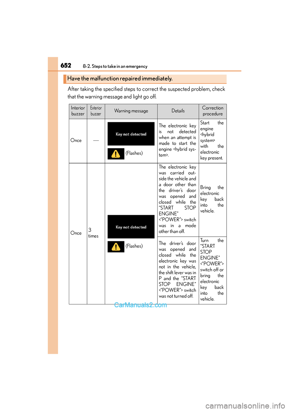 Lexus ES350 2015 Owners Manual - ES 300h, ES 350 6528-2. Steps to take in an emergency
ES350_300h_OM_OM33B99U_(U)
After taking the specified steps to correct the suspected problem, check
that the warning message and light go off.
Have the malfunctio Lexus ES350 2015 Owners Manual - ES 300h, ES 350 6528-2. Steps to take in an emergency
ES350_300h_OM_OM33B99U_(U)
After taking the specified steps to correct the suspected problem, check
that the warning message and light go off.
Have the malfunctio