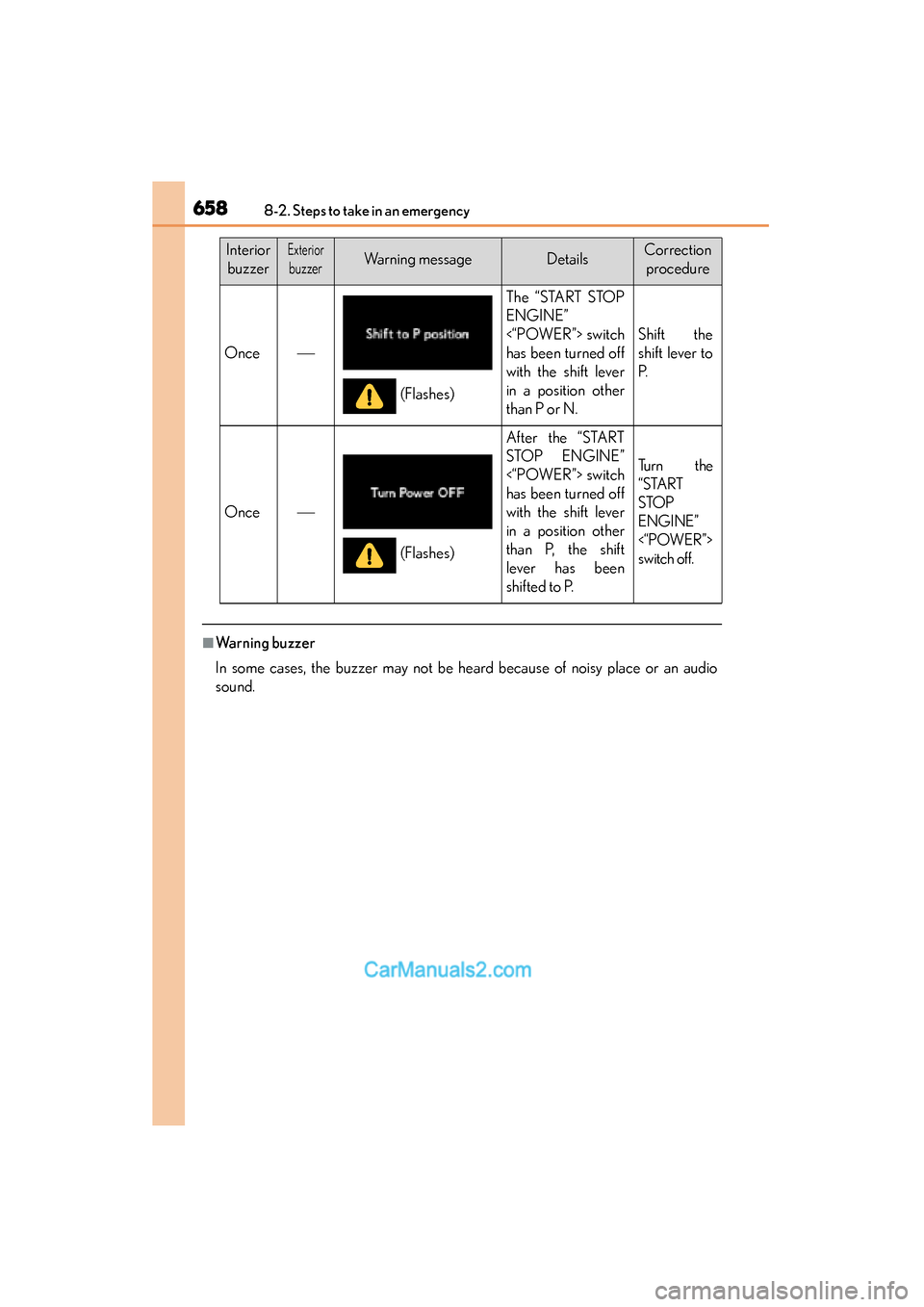 Lexus ES350 2015  Owners Manual - ES 300h, ES 350 6588-2. Steps to take in an emergency
ES350_300h_OM_OM33B99U_(U)
■Warning buzzer
In some cases, the buzzer may not be heard because of noisy place or an audio
sound.
Once
The “START STOP
ENGINE