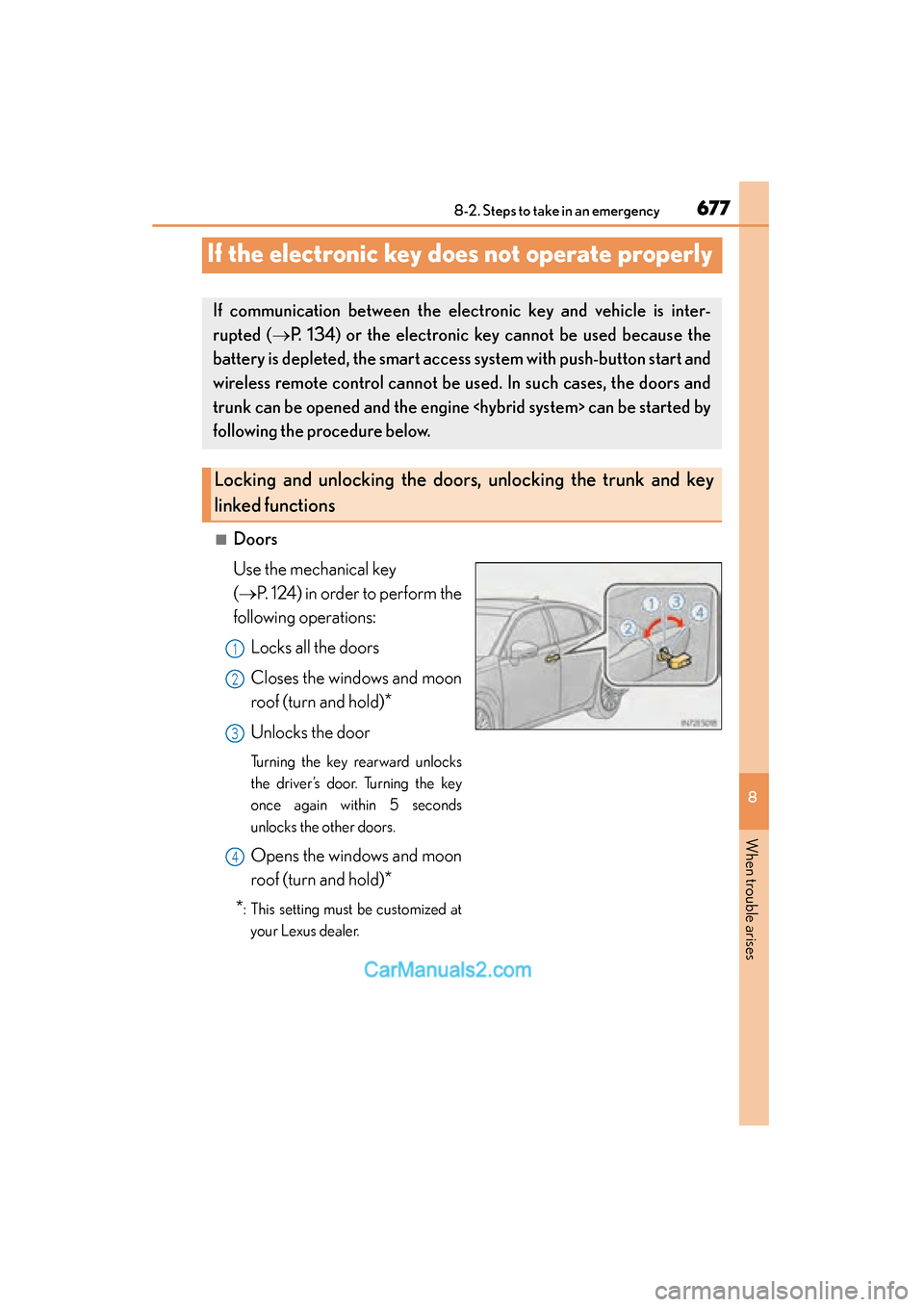 Lexus ES350 2015  Owners Manual - ES 300h, ES 350 677
ES350_300h_OM_OM33B99U_(U)
8-2. Steps to take in an emergency
8
When trouble arises
If the electronic key does not operate properly
■Doors
Use the mechanical key 
(→P. 124) in order to perform