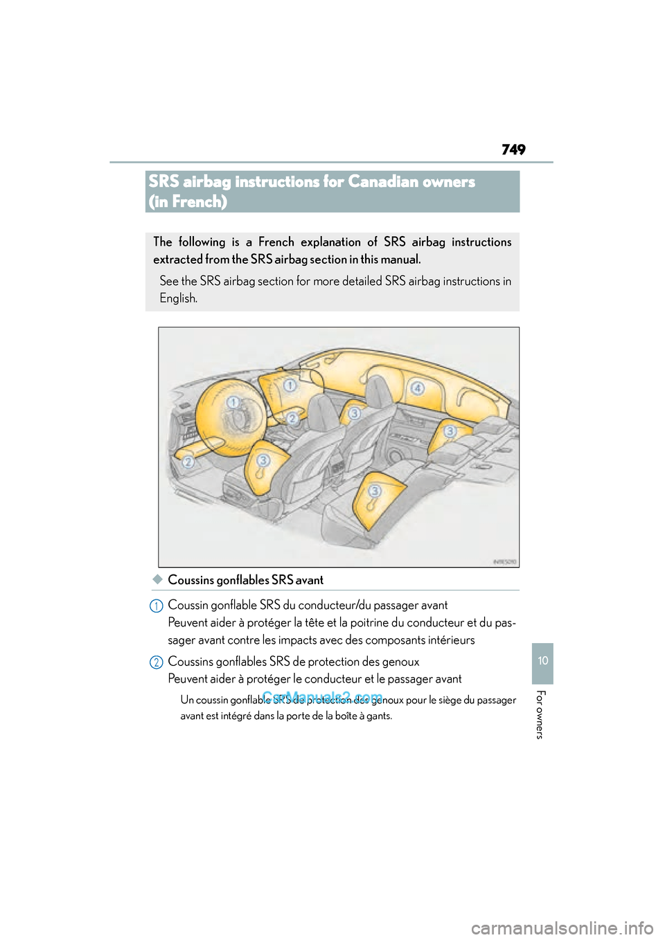 Lexus ES350 2015 Owners Manual - ES 300h, ES 350 749
ES350_300h_OM_OM33B99U_(U)
10
For owners
SRS airbag instructions for Canadian owners
(in French)
◆Coussins gonflables SRS avant
Coussin gonflable SRS du conducteur/du passager avant
Peuvent ai Lexus ES350 2015 Owners Manual - ES 300h, ES 350 749
ES350_300h_OM_OM33B99U_(U)
10
For owners
SRS airbag instructions for Canadian owners
(in French)
◆Coussins gonflables SRS avant
Coussin gonflable SRS du conducteur/du passager avant
Peuvent ai