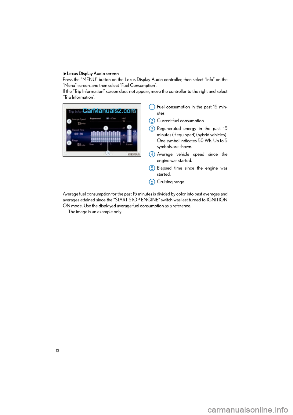 Lexus ES350 2015  Quick Guide 13
ES350_QG_OM33B49U_(U)
Lexus Display Audio screen
Press the “MENU” button on the Lexus Display Audio controller, then select “Info” on the
“Menu” screen, and then select “Fuel Consumpt