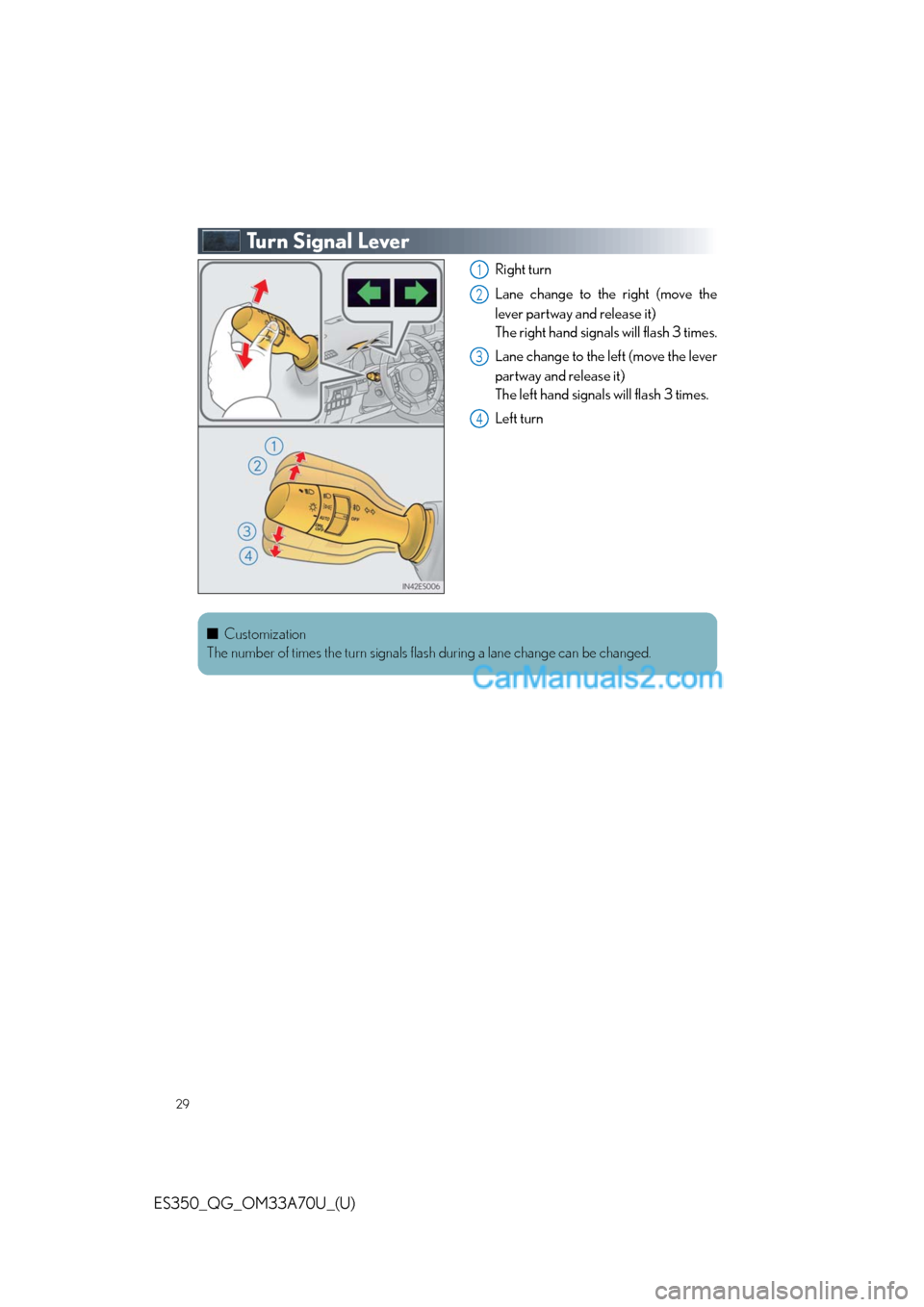 Lexus ES350 2014 Owners Manual 29
ES350_QG_OM33A70U_(U)
Tu r n S i g n a l L e v e r
Right turn
Lane change to the right (move the
lever partway and release it)
The right hand signals will flash 3 times.
Lane change to the left ( Lexus ES350 2014 Owners Manual 29
ES350_QG_OM33A70U_(U)
Tu r n S i g n a l L e v e r
Right turn
Lane change to the right (move the
lever partway and release it)
The right hand signals will flash 3 times.
Lane change to the left (