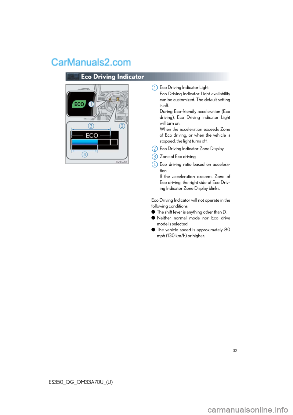 Lexus ES350 2014 Owners Guide 32
ES350_QG_OM33A70U_(U)
Eco Driving Indicator
Eco Driving Indicator Light
Eco Driving Indicator Light availability
can be customized. The default setting
is off.
During Eco-friendly acceleration (Eco