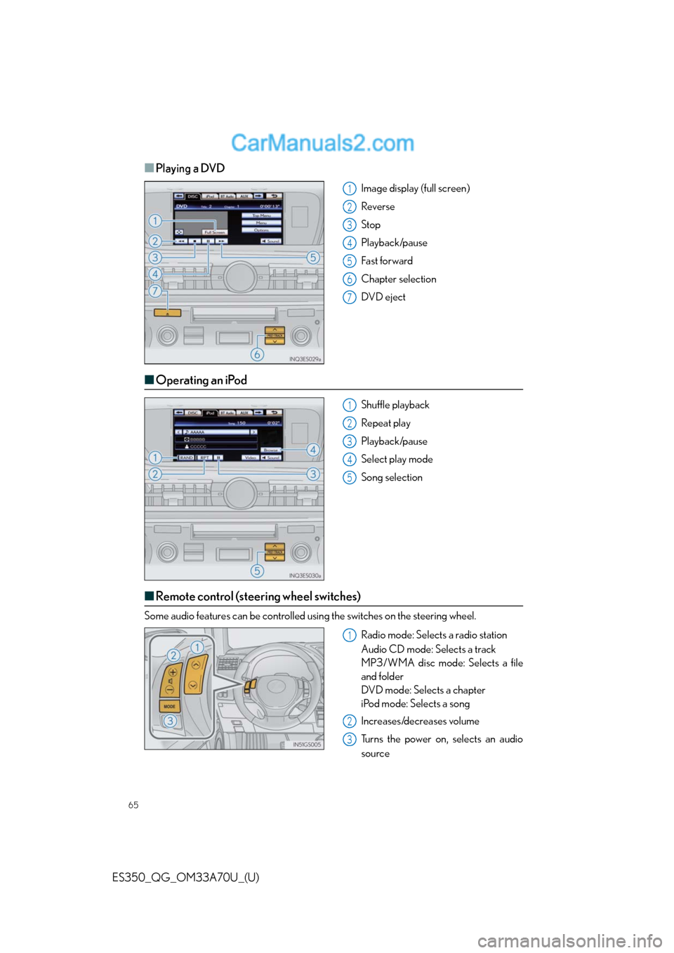 Lexus ES350 2014 Repair Manual 65
ES350_QG_OM33A70U_(U)
■Playing a DVD
Image display (full screen)
Reverse
Stop
Playback/pause
Fast for ward
Chapter selection
DVD eject
■Operating an iPod
Shuffle playback
Repeat play
Playback/ Lexus ES350 2014 Repair Manual 65
ES350_QG_OM33A70U_(U)
■Playing a DVD
Image display (full screen)
Reverse
Stop
Playback/pause
Fast for ward
Chapter selection
DVD eject
■Operating an iPod
Shuffle playback
Repeat play
Playback/