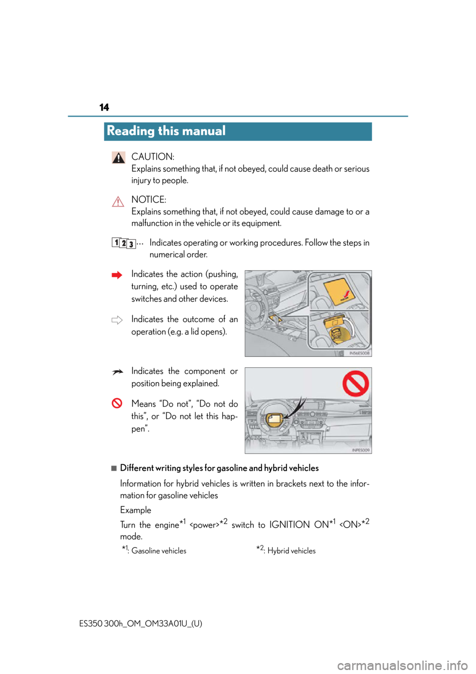 Lexus ES350 2013 Owners Manual / LEXUS 2013 ES300H,ES350 (OM33A01U) User Guide 14
ES350 300h_OM_OM33A01U_(U)
Reading this manual
CAUTION:
Explains something that, if not obeyed, could cause death or serious
injury to people.
NOTICE:
Explains something that, if not obey ed, cou Lexus ES350 2013 Owners Manual / LEXUS 2013 ES300H,ES350 (OM33A01U) User Guide 14
ES350 300h_OM_OM33A01U_(U)
Reading this manual
CAUTION:
Explains something that, if not obeyed, could cause death or serious
injury to people.
NOTICE:
Explains something that, if not obey ed, cou