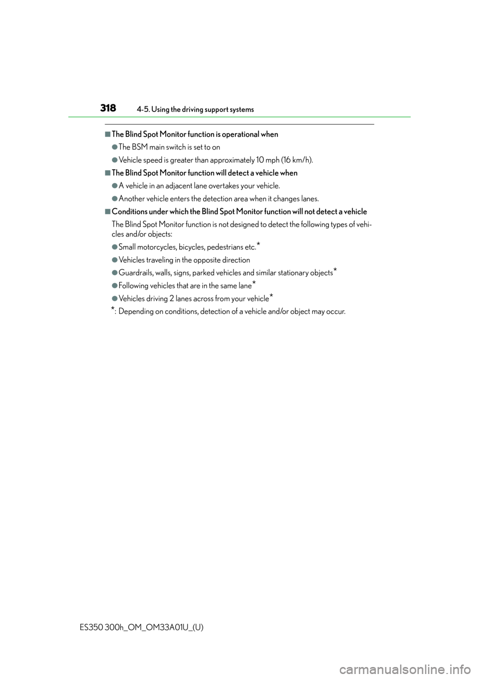 Lexus ES350 2013  Owners Manual / LEXUS 2013 ES300H,ES350 OWNERS MANUAL (OM33A01U) 318
ES350 300h_OM_OM33A01U_(U)
4-5. Using the driving support systems
■The Blind Spot Monitor function is operational when
●The BSM main switch is set to on
●Vehicle speed is greater than approx