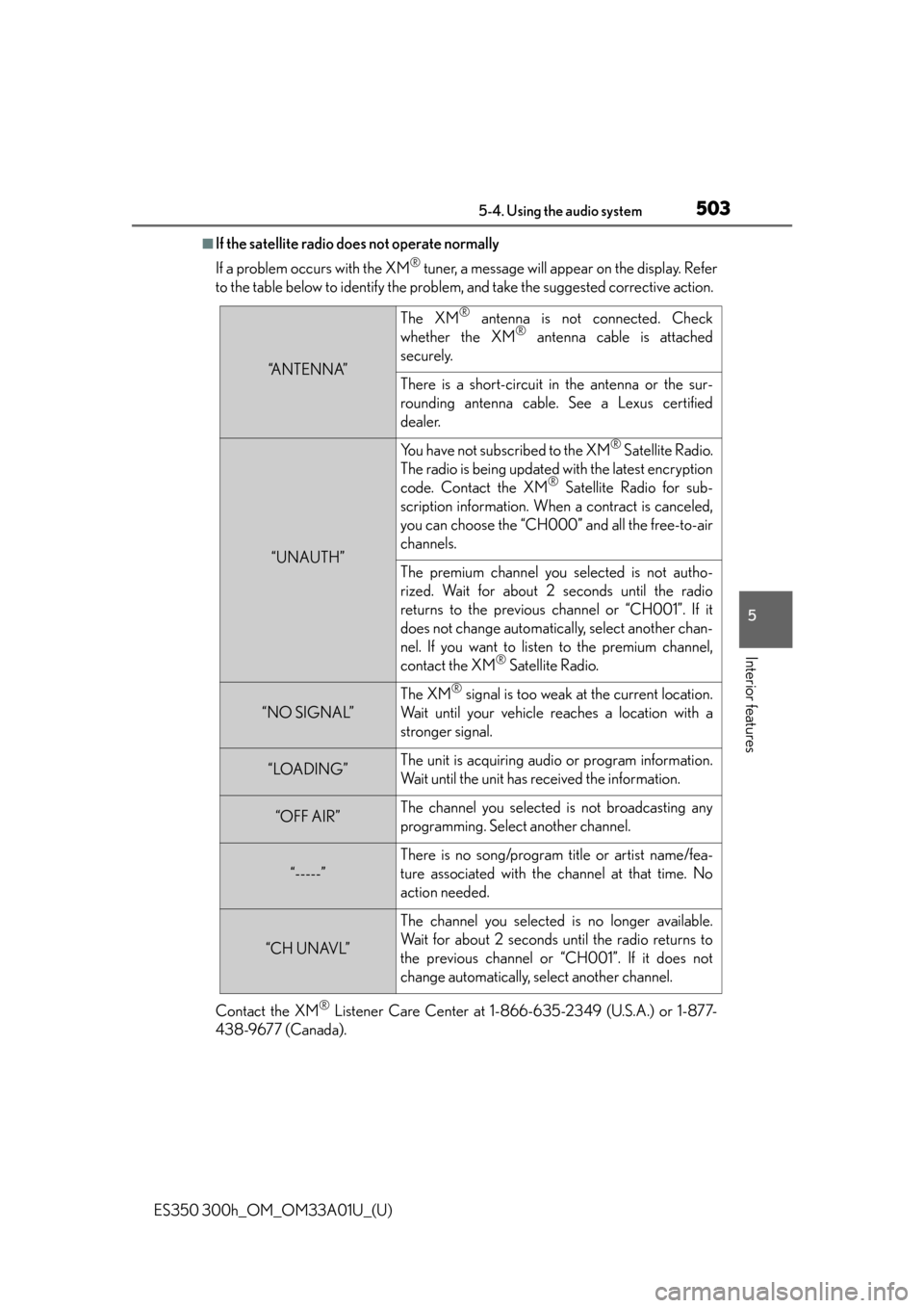 Lexus ES350 2013  Owners Manual / LEXUS 2013 ES300H,ES350 OWNERS MANUAL (OM33A01U) ES350 300h_OM_OM33A01U_(U)
5035-4. Using the audio system
5
Interior features
■If the satellite radio does not operate normally
If a problem occurs with the XM
® tuner, a message will appear on the