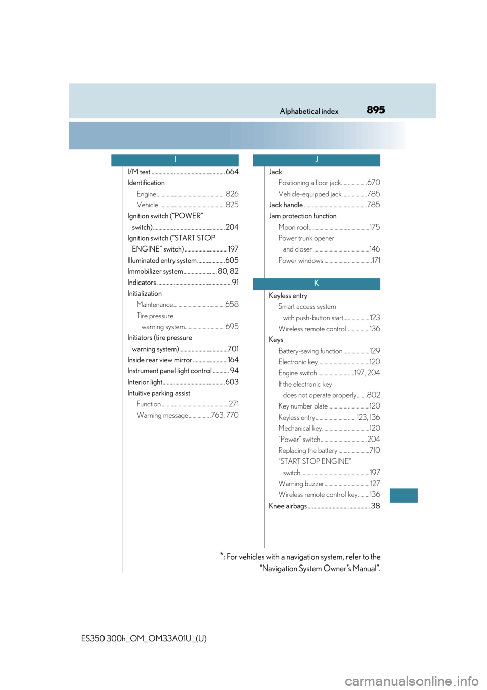 Lexus ES350 2013  Owners Manual / LEXUS 2013 ES300H,ES350 OWNERS MANUAL (OM33A01U) 895Alphabetical index
ES350 300h_OM_OM33A01U_(U)
I/M test ..................................................... 664
IdentificationEngine ..................................................... 826
Vehic