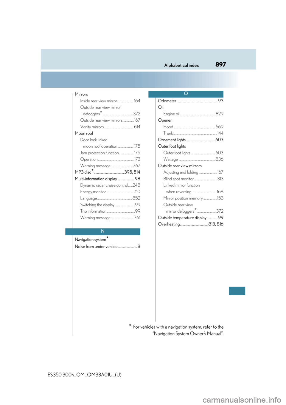 Lexus ES350 2013  Owners Manual / LEXUS 2013 ES300H,ES350 OWNERS MANUAL (OM33A01U) 897Alphabetical index
ES350 300h_OM_OM33A01U_(U)
MirrorsInside rear view mirror ..................... 164
Outside rear view mirror defoggers
*........................................ 372
Outside rear 