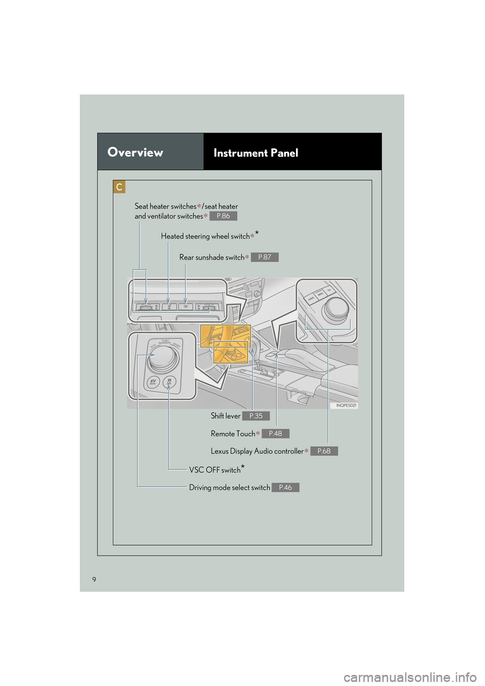 Lexus ES350 2013  Quick Guide 9
ES350_QG_OM33A11U_(U)
OverviewInstrument Panel
Remote Touch∗ P.48
Heated steering wheel switch∗*
VSC OFF switch*
Seat heater switches∗/seat heater 
and ventilator switches
∗ P.86
Driving mod