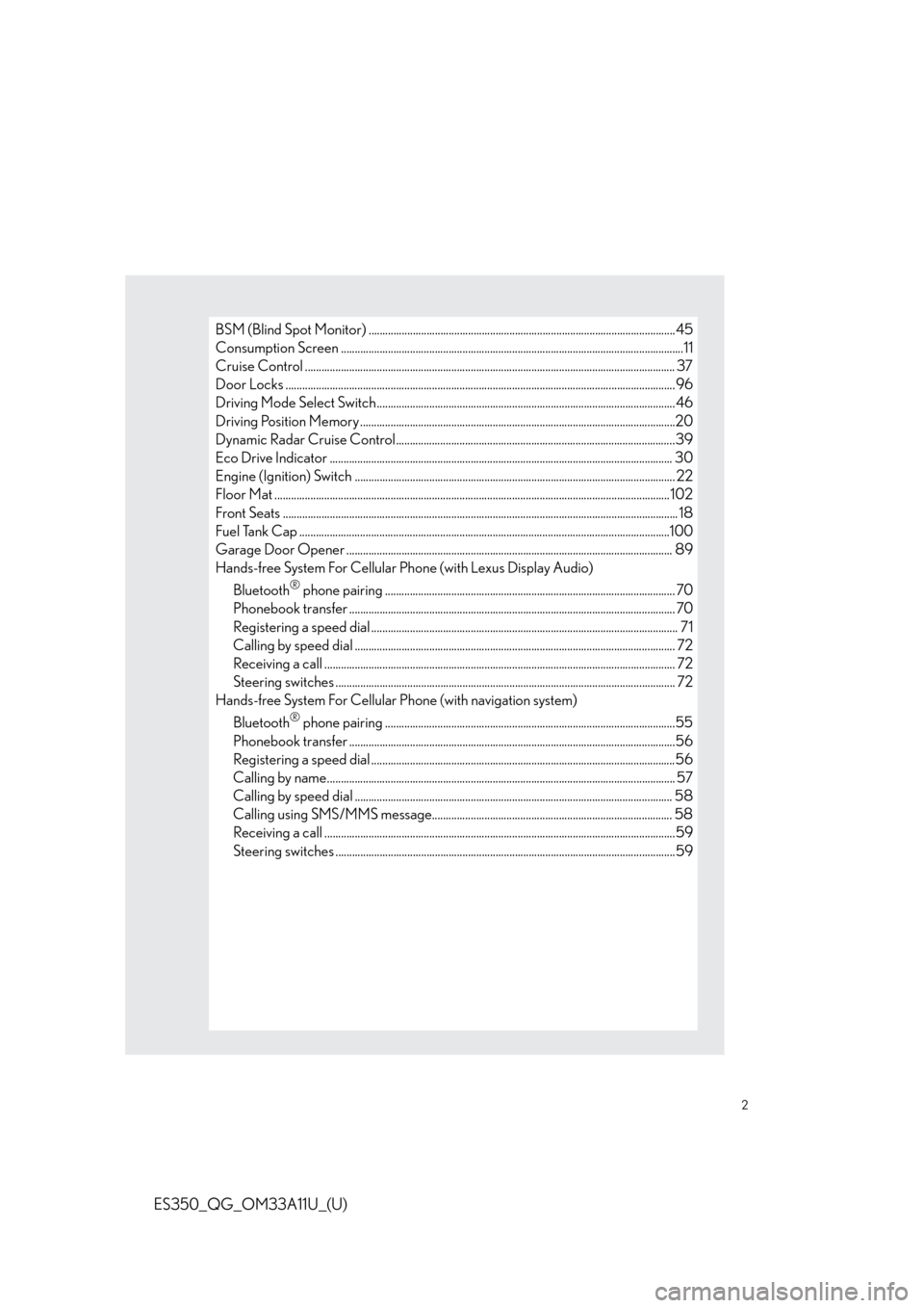 Lexus ES350 2013  REMOTE TOUCH (WITH NAVIGATION SYSTEM) / 2
ES350_QG_OM33A11U_(U)
BSM (Blind Spot Monitor) ............................................................................................................... 45
Consumption Screen .................