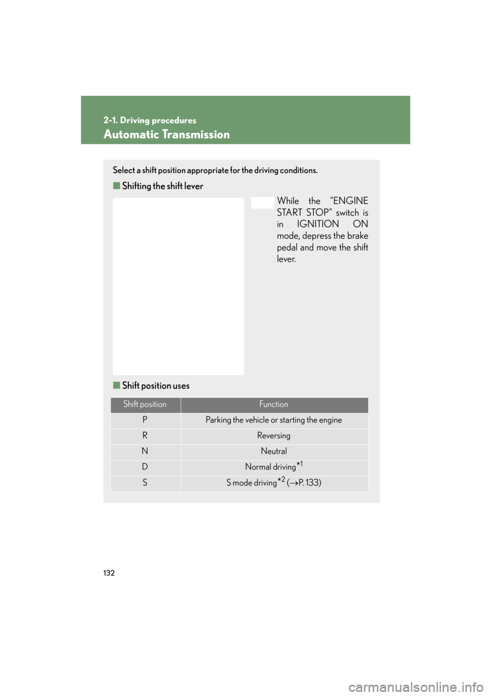 Lexus ES350 2012  Owners Manual 132
2-1. Driving procedures
ES350_U
Automatic Transmission
Select a shift position appropriate for the driving conditions.
■Shifting the shift lever
While the “ENGINE
START STOP” switch is
in IG