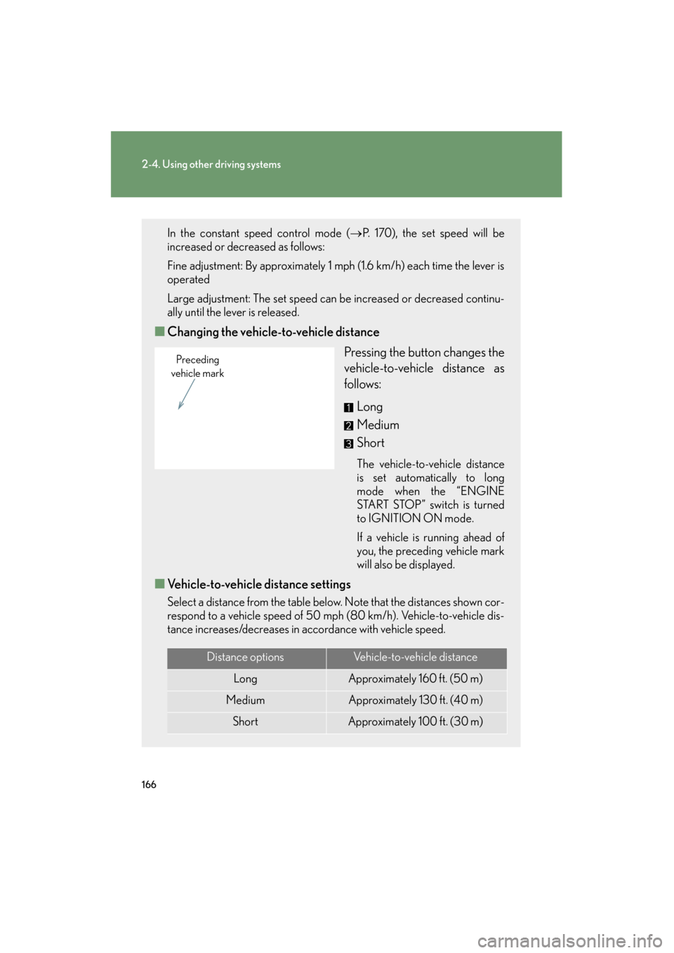 Lexus ES350 2012 User Guide 166
2-4. Using other driving systems
ES350_U
In the constant speed control mode (→P. 170), the set speed will be
increased or decreased as follows:
Fine adjustment: By approximately 1 mph (1.6 km/h) Lexus ES350 2012 User Guide 166
2-4. Using other driving systems
ES350_U
In the constant speed control mode (→P. 170), the set speed will be
increased or decreased as follows:
Fine adjustment: By approximately 1 mph (1.6 km/h)