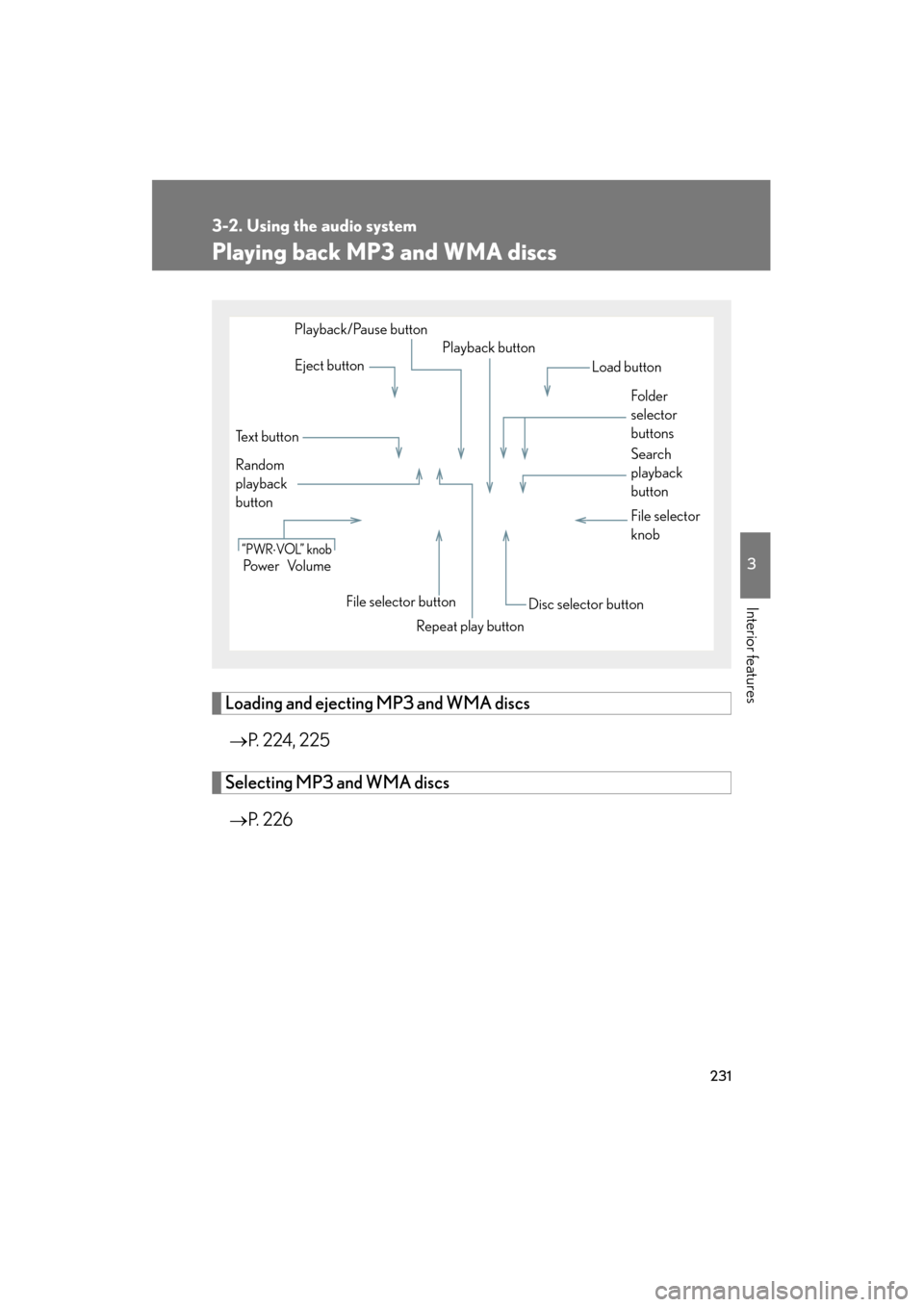 Lexus ES350 2012 Owners Manual 231
3-2. Using the audio system
3
Interior features
ES350_U
Playing back MP3 and WMA discs
Loading and ejecting MP3 and WMA discs→ P. 224, 225
Selecting MP3 and WMA discs
→ P. 2 2 6
Po w e r Vo l Lexus ES350 2012 Owners Manual 231
3-2. Using the audio system
3
Interior features
ES350_U
Playing back MP3 and WMA discs
Loading and ejecting MP3 and WMA discs→ P. 224, 225
Selecting MP3 and WMA discs
→ P. 2 2 6
Po w e r Vo l