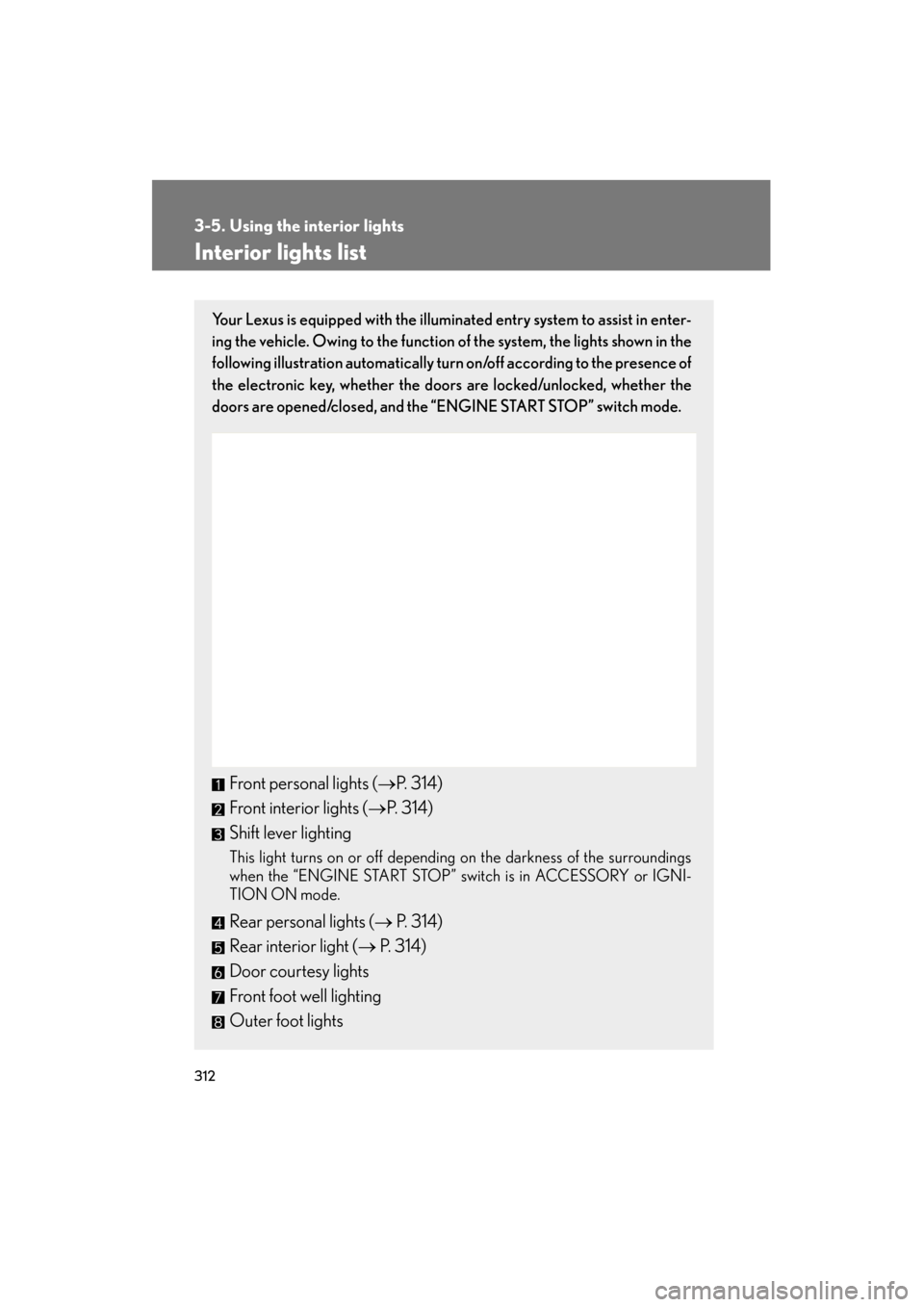 Lexus ES350 2012  Owners Manual 312
ES350_U
3-5. Using the interior lights
Interior lights list
Your Lexus is equipped with the illuminated entry system to assist in enter-
ing the vehicle. Owing to the function of the system, the l