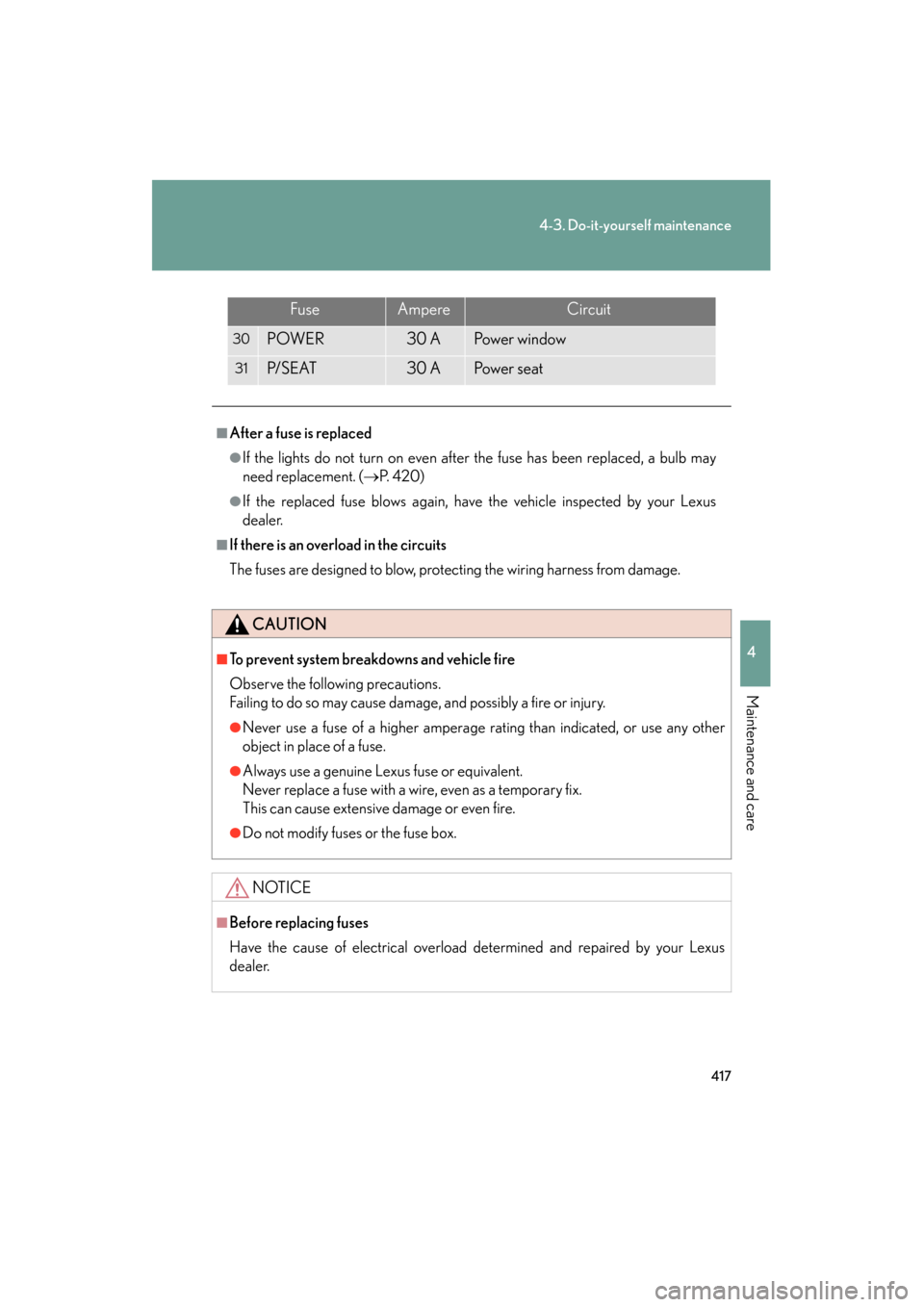 Lexus ES350 2012  Owners Manual 417
4-3. Do-it-yourself maintenance
4
Maintenance and care
ES350_U
30POWER30 APo w e r  w i n d o w
31P/ S E AT30 APo w e r  s e a t
■After a fuse is replaced
●If the lights do not turn on even af