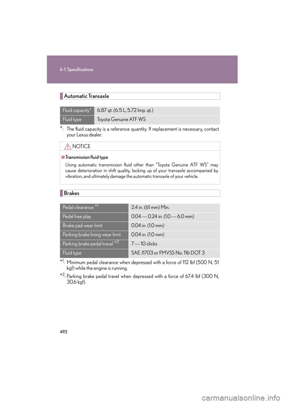 Lexus ES350 2012 Owners Manual 492
6-1. Specifications
ES350_U
Automatic Transaxle
*: The fluid capacity is a reference quantity. If replacement is necessary, contact
your Lexus dealer.
Brakes
*1: Minimum pedal clearance when depre Lexus ES350 2012 Owners Manual 492
6-1. Specifications
ES350_U
Automatic Transaxle
*: The fluid capacity is a reference quantity. If replacement is necessary, contact
your Lexus dealer.
Brakes
*1: Minimum pedal clearance when depre