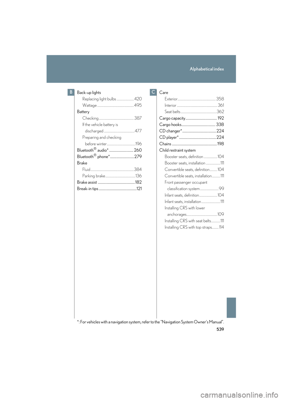 Lexus ES350 2012  Owners Manual 539
Alphabetical index
ES350_U
Back-up lightsReplacing light bulbs ....................... 420
Wattage ................................................. 495
Battery
Checking ..........................