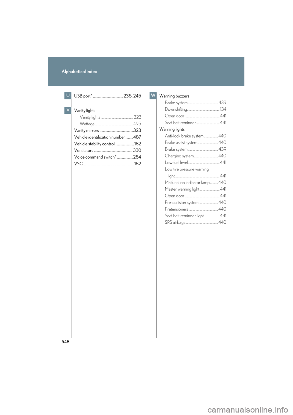 Lexus ES350 2012 Service Manual 548
Alphabetical index
ES350_U
USB port* .................................... 238, 245
Vanity lightsVanity lights .......................................... 323
Wattage................................