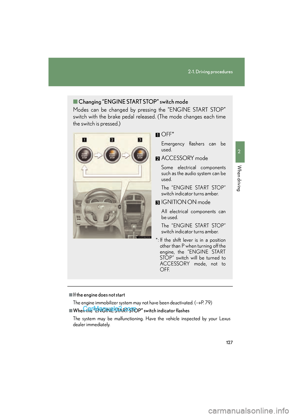 Lexus ES350 2011  Owners Manuals 127
2-1. Driving procedures
2
When driving
ES350_U
■If the engine does not start
The engine immobilizer system may not have been deactivated. (→P. 79)
■When the “ENGINE START STOP” switch in