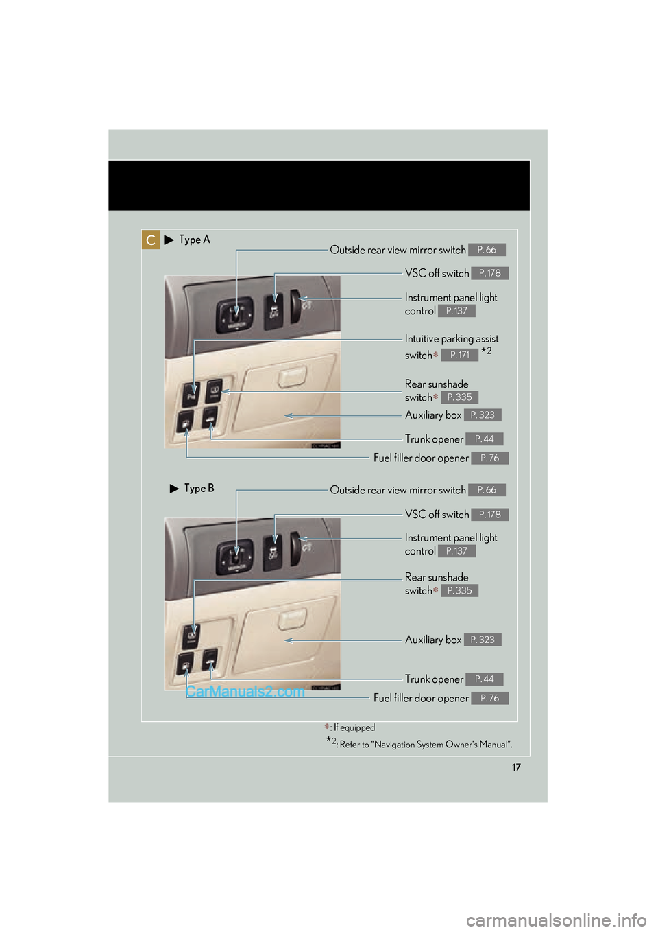 Lexus ES350 2011  Owners Manuals ES350_U
17
C
Rear sunshade 
switch
∗ P. 335
Intuitive parking assist 
switch
∗  *2P. 171
Instrument panel light 
control 
P. 137
∗: If equipped
 *2: Refer to “Navigation System Owners Manual�