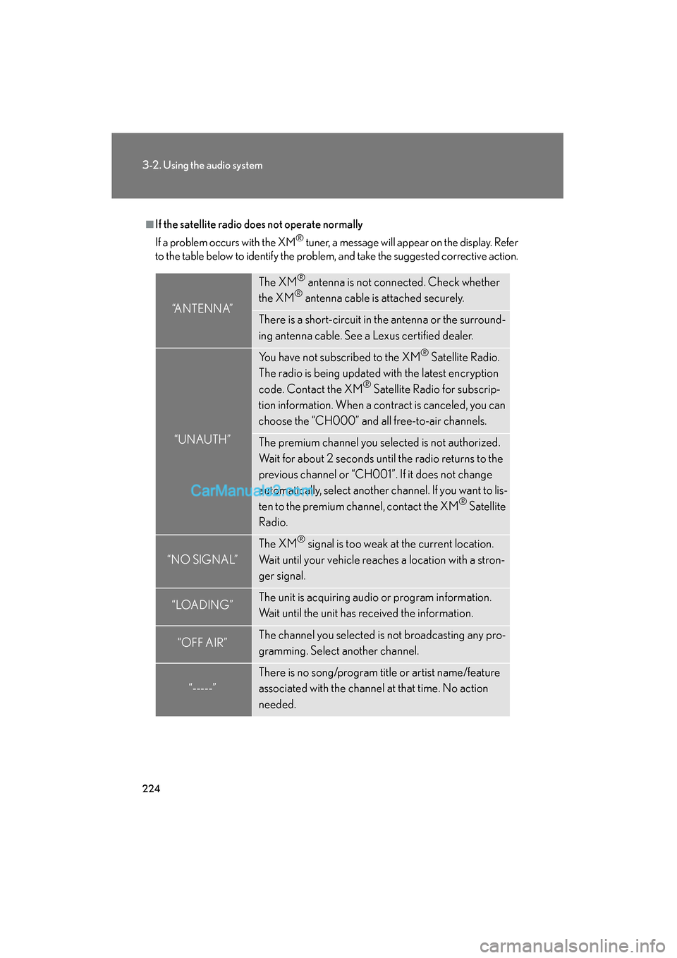 Lexus ES350 2011 Owners Manuals 224
3-2. Using the audio system
ES350_U
■If the satellite radio does not operate normally
If a problem occurs with the XM
® tuner, a message will appear on the display. Refer
to the table below to Lexus ES350 2011 Owners Manuals 224
3-2. Using the audio system
ES350_U
■If the satellite radio does not operate normally
If a problem occurs with the XM
® tuner, a message will appear on the display. Refer
to the table below to