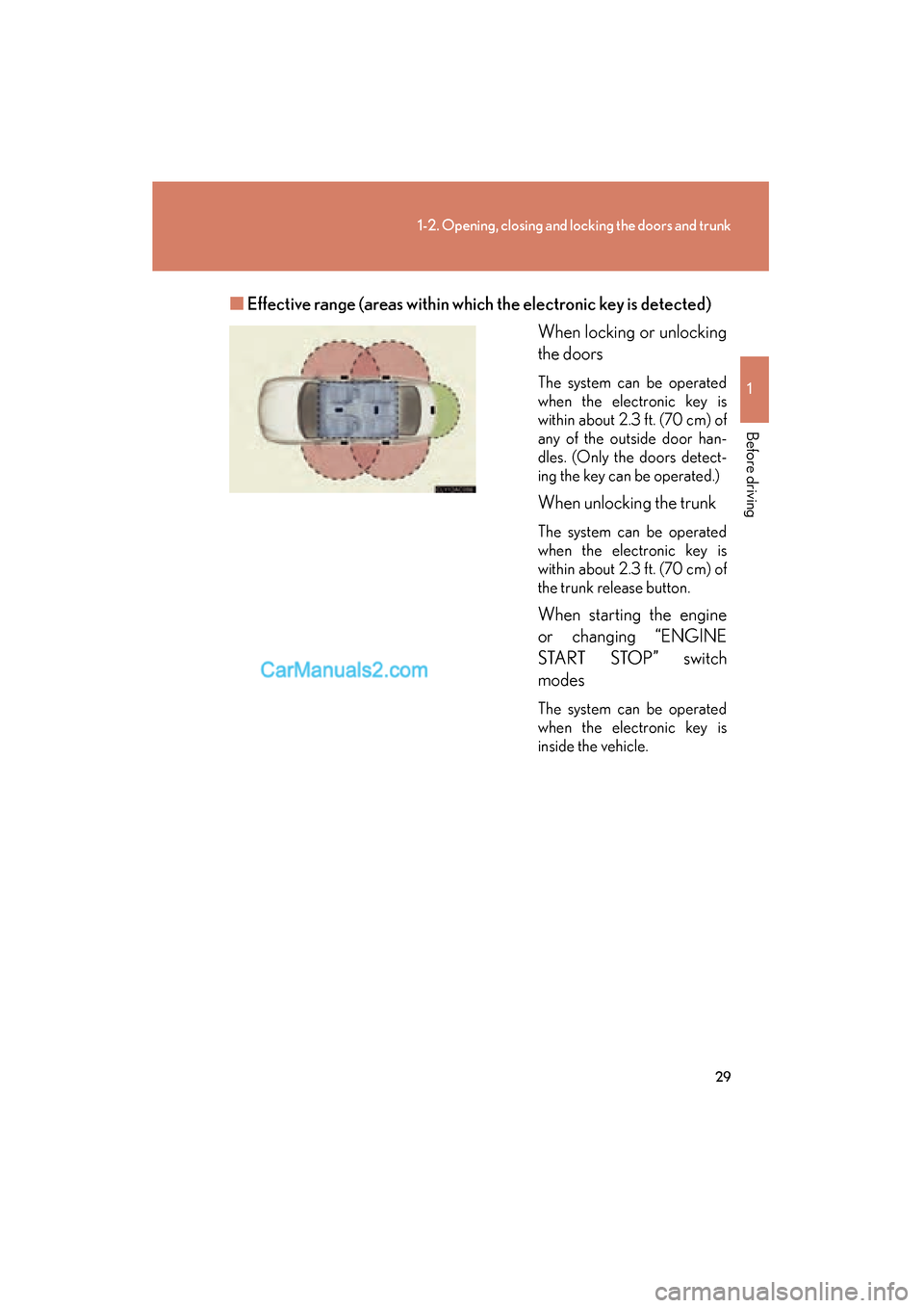 Lexus ES350 2011 s Owners Guide 29
1-2. Opening, closing and locking the doors and trunk
1
Before driving
ES350_U■
Effective range (areas within which the electronic key is detected)
When locking or unlocking
the doors
The system Lexus ES350 2011 s Owners Guide 29
1-2. Opening, closing and locking the doors and trunk
1
Before driving
ES350_U■
Effective range (areas within which the electronic key is detected)
When locking or unlocking
the doors
The system