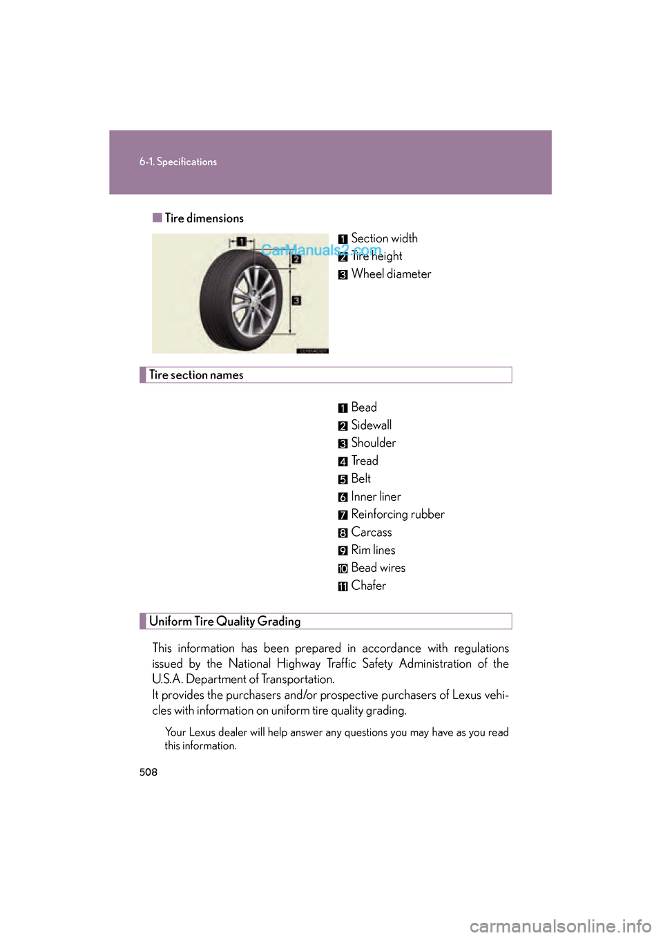 Lexus ES350 2011 Owners Manuals 508
6-1. Specifications
ES350_U■
Tire dimensions
Section width
Tire height
Wheel diameter
Tire section names
Bead
Sidewall
Shoulder
Tr e a d
Belt
Inner liner
Reinforcing rubber
Carcass
Rim lines
Bea Lexus ES350 2011 Owners Manuals 508
6-1. Specifications
ES350_U■
Tire dimensions
Section width
Tire height
Wheel diameter
Tire section names
Bead
Sidewall
Shoulder
Tr e a d
Belt
Inner liner
Reinforcing rubber
Carcass
Rim lines
Bea