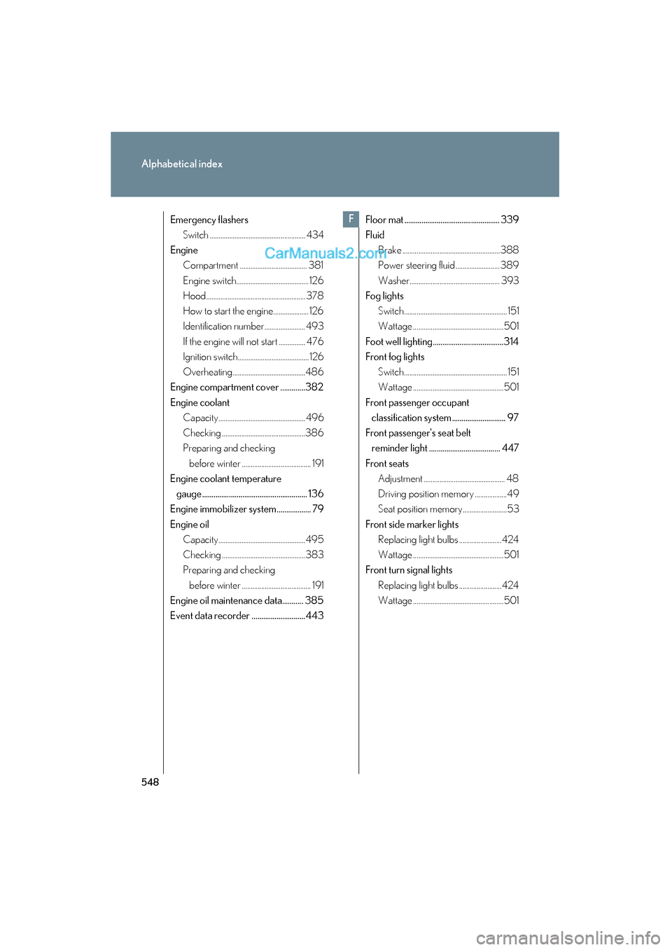 Lexus ES350 2011  Owners Manuals 548
Alphabetical index
ES350_U
Emergency flashersSwitch ...................................................... 434
Engine Compartment ...................................... 381
Engine switch..........