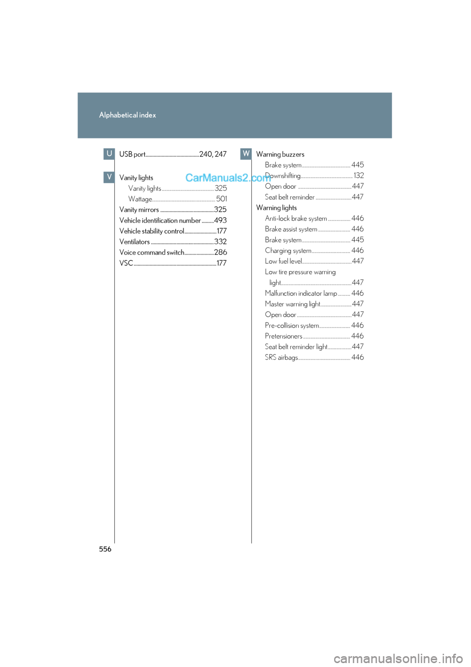 Lexus ES350 2011  s Service Manual 556
Alphabetical index
ES350_U
USB port........................................240, 247
Vanity lightsVanity lights .......................................... 325
Wattage...............................