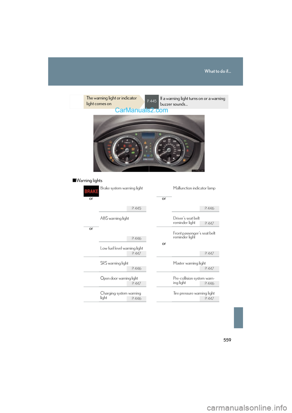 Lexus ES350 2011  s Service Manual 559
What to do if...
ES350_U
■Warning lights
The warning light or indicator 
light comes onP.  4 4 5If a warning light turns on or a warning 
buzzer sounds...
or or
P.  4 4 5P. 446
P.  4 4 7
or
P. 4