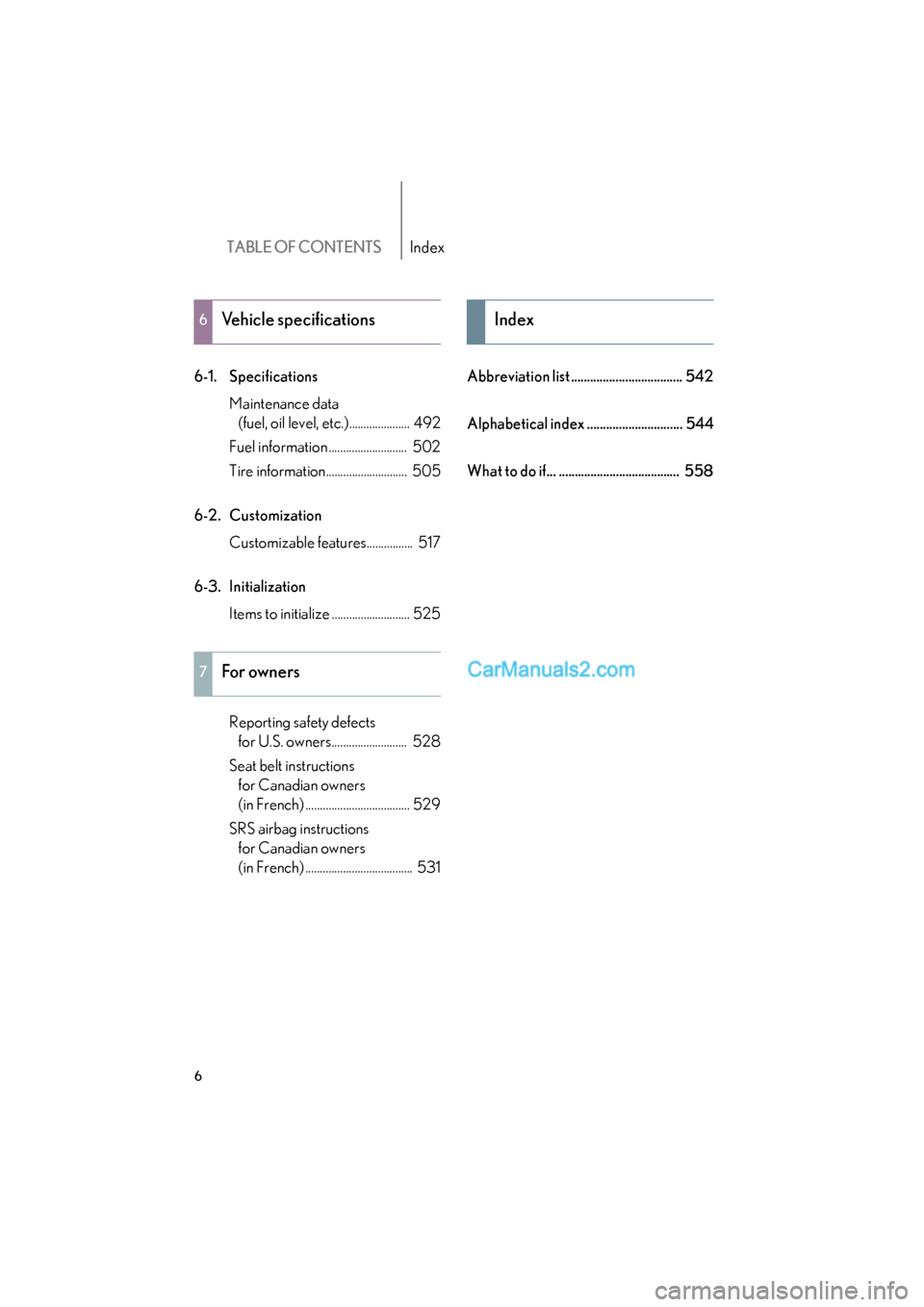 Lexus ES350 2011  Owners Manuals TABLE OF CONTENTSIndex
ES350_U
6
6-1. SpecificationsMaintenance data (fuel, oil level, etc.)..................... 492
Fuel information ...........................  502
Tire information................