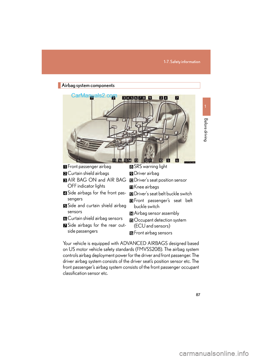 Lexus ES350 2011 s Manual Online 87
1-7. Safety information
1
Before driving
ES350_U
Airbag system componentsYour vehicle is equipped with ADVANCED AIRBAGS designed based
on US motor vehicle safety standards (FMVSS208). The airbag sy Lexus ES350 2011 s Manual Online 87
1-7. Safety information
1
Before driving
ES350_U
Airbag system componentsYour vehicle is equipped with ADVANCED AIRBAGS designed based
on US motor vehicle safety standards (FMVSS208). The airbag sy