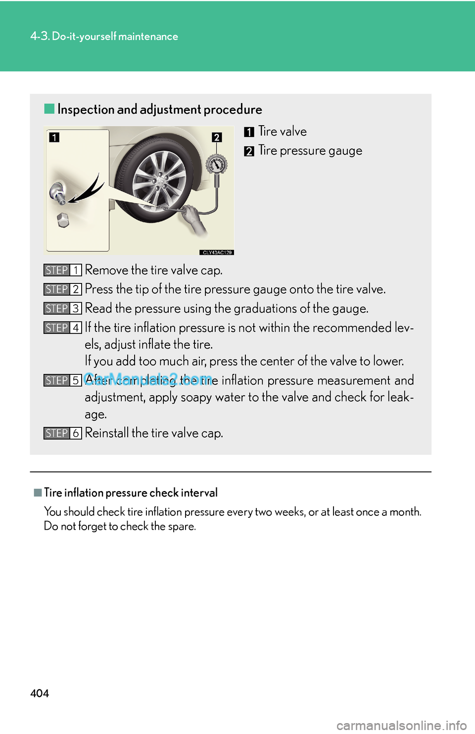 Lexus ES350 2011 Do-it-yourself maintenance 404
4-3. Do-it-yourself maintenance
■Tire inflation pressure check interval
You should check tire inflation pressure every two weeks, or at least once a month.
Do not forget to check the spare.
■I Lexus ES350 2011 Do-it-yourself maintenance 404
4-3. Do-it-yourself maintenance
■Tire inflation pressure check interval
You should check tire inflation pressure every two weeks, or at least once a month.
Do not forget to check the spare.
■I