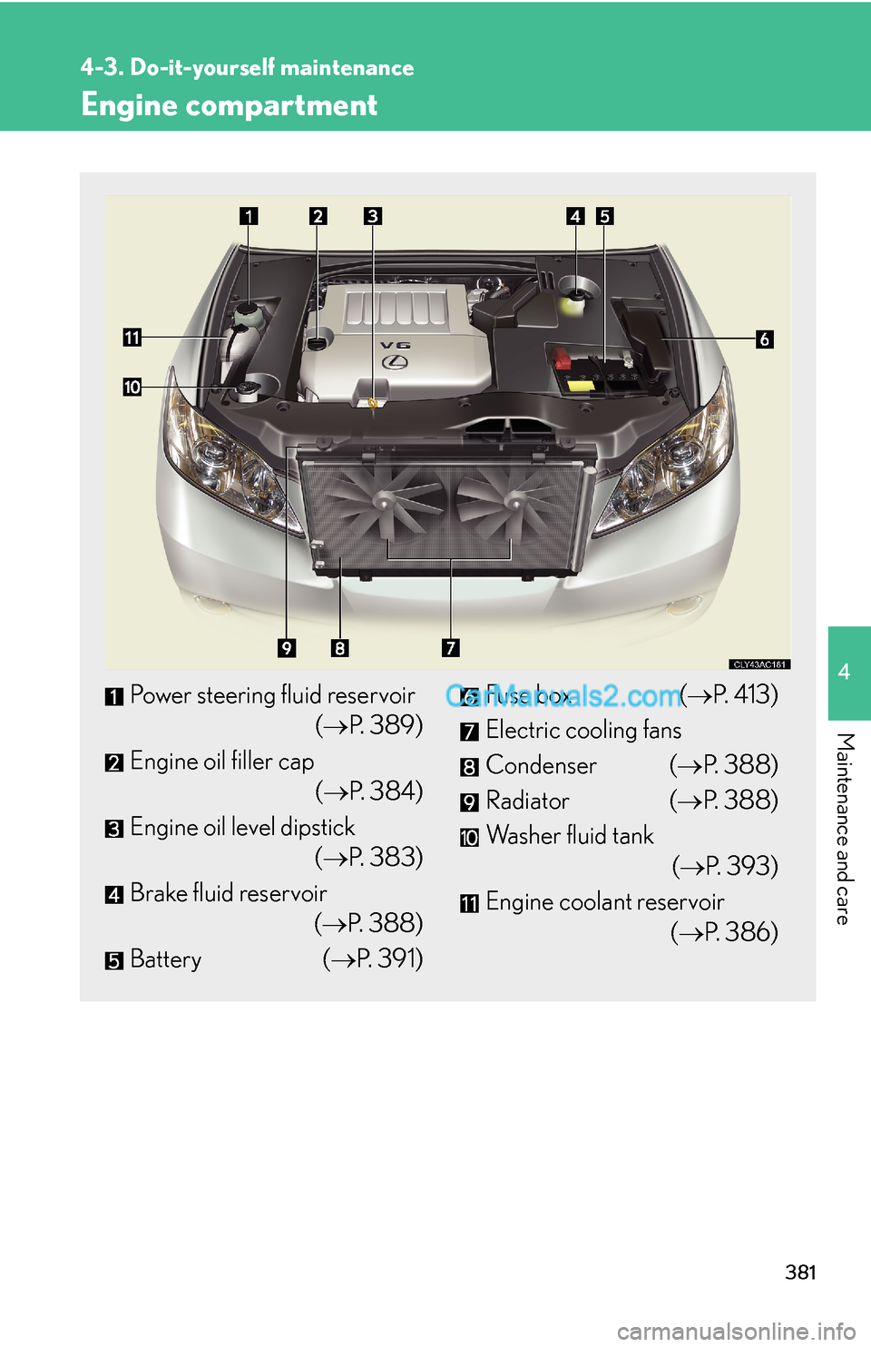 Lexus ES350 2011 Do-it-yourself maintenance 381
4-3. Do-it-yourself maintenance
4
Maintenance and care
Engine compartment
Power steering fluid reservoir
(→P. 389)
Engine oil filler cap
(→P. 384)
Engine oil level dipstick
(→P. 383)
Brake f Lexus ES350 2011 Do-it-yourself maintenance 381
4-3. Do-it-yourself maintenance
4
Maintenance and care
Engine compartment
Power steering fluid reservoir
(→P. 389)
Engine oil filler cap
(→P. 384)
Engine oil level dipstick
(→P. 383)
Brake f