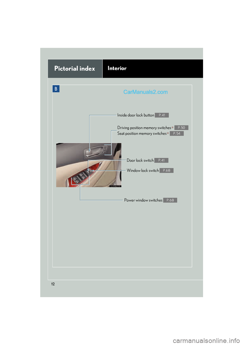 Lexus ES350 2010  s User Guide ES350_U
12
B
Door lock switch P. 41
Power window switches P. 68
Pictorial indexInterior
Driving position memory switches∗ 
Seat position memory switches
∗ 
P. 50
P. 54
Window lock switch P. 68
Ins