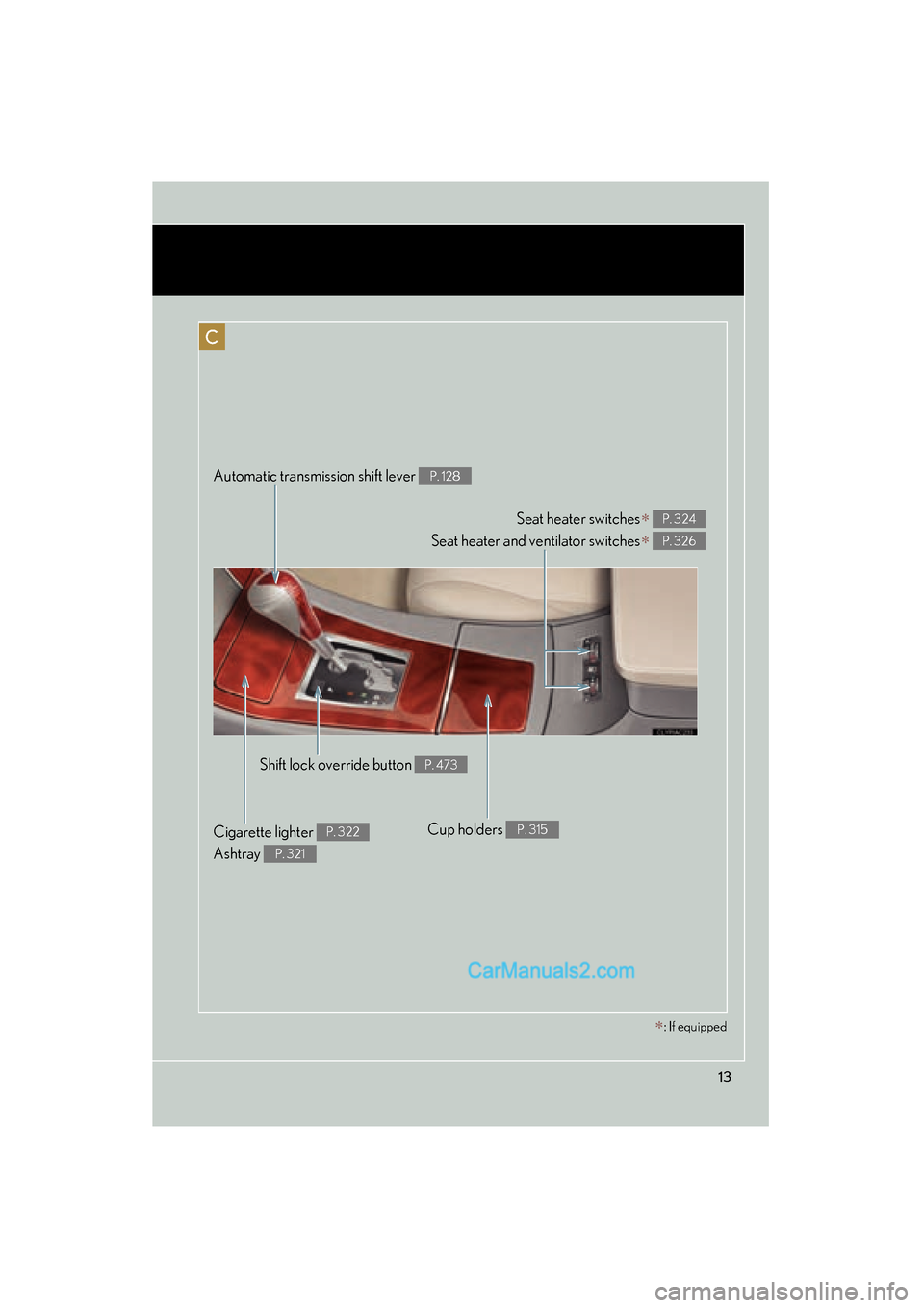 Lexus ES350 2010  Owners Manuals ES350_U
13
C
Seat heater switches∗ 
Seat heater and ventilator switches
∗ 
P. 324
P. 326
Automatic transmission shift lever P. 128
Shift lock override button P. 473
Cigarette lighter 
Ashtray P. 3