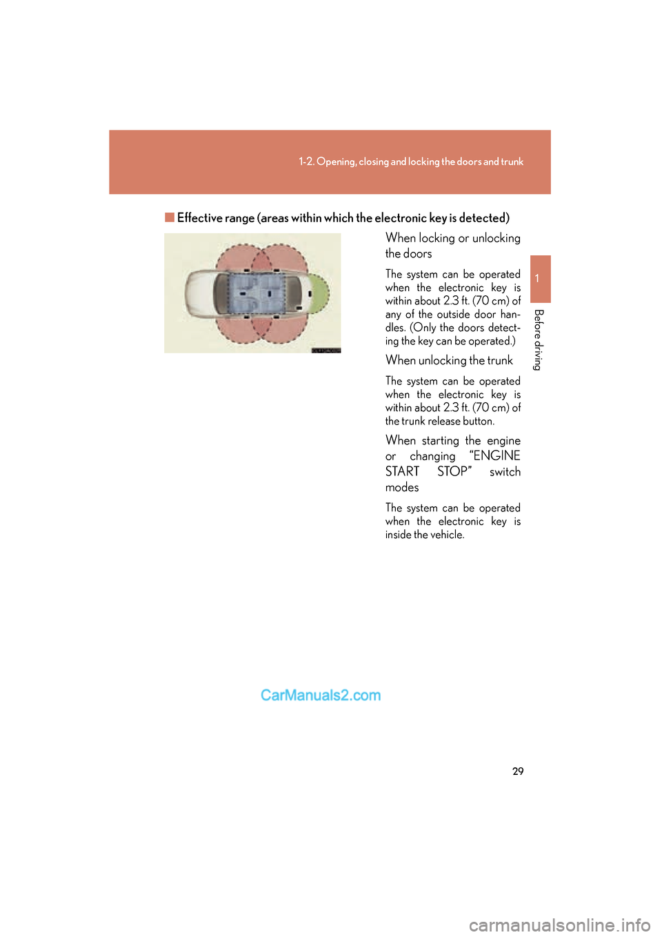 Lexus ES350 2010 Owners Manuals 29
1-2. Opening, closing and locking the doors and trunk
1
Before driving
ES350_U■
Effective range (areas within which the electronic key is detected)
When locking or unlocking
the doors
The system Lexus ES350 2010 Owners Manuals 29
1-2. Opening, closing and locking the doors and trunk
1
Before driving
ES350_U■
Effective range (areas within which the electronic key is detected)
When locking or unlocking
the doors
The system