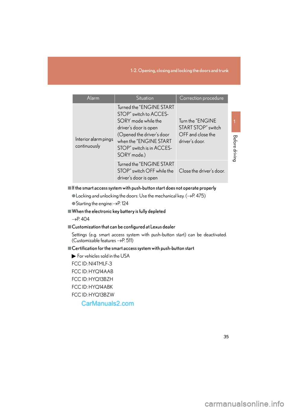 Lexus ES350 2010 Owners Manuals 35
1-2. Opening, closing and locking the doors and trunk
1
Before driving
ES350_U
■If the smart access system with push-button start does not operate properly
●Locking and unlocking the doors: Use Lexus ES350 2010 Owners Manuals 35
1-2. Opening, closing and locking the doors and trunk
1
Before driving
ES350_U
■If the smart access system with push-button start does not operate properly
●Locking and unlocking the doors: Use