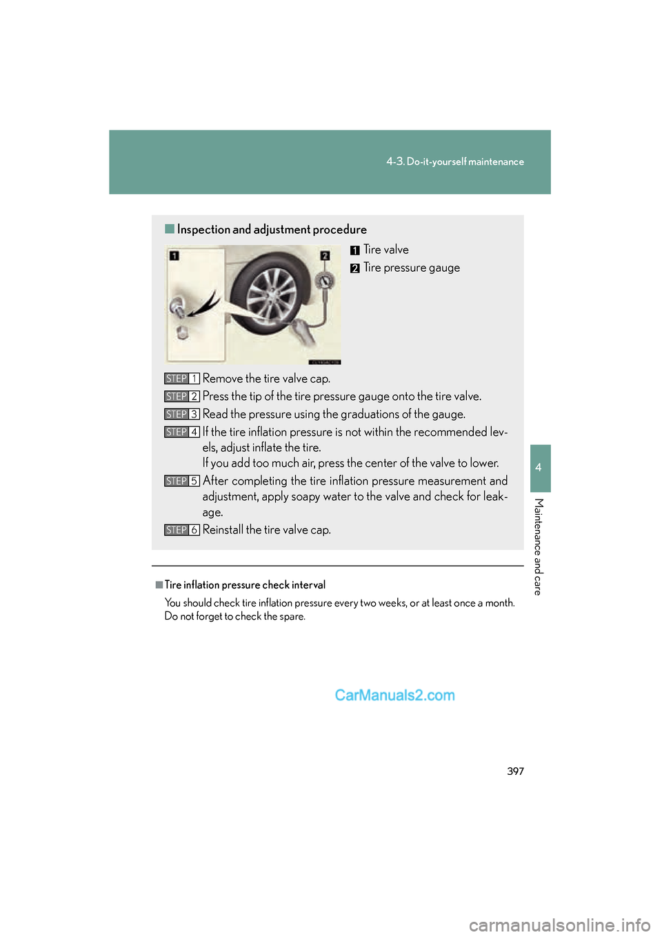 Lexus ES350 2010  Owners Manuals 397
4-3. Do-it-yourself maintenance
4
Maintenance and care
ES350_U
■Tire inflation pressure check interval
You should check tire inflation pressure every two weeks, or at least once a month.
Do not 