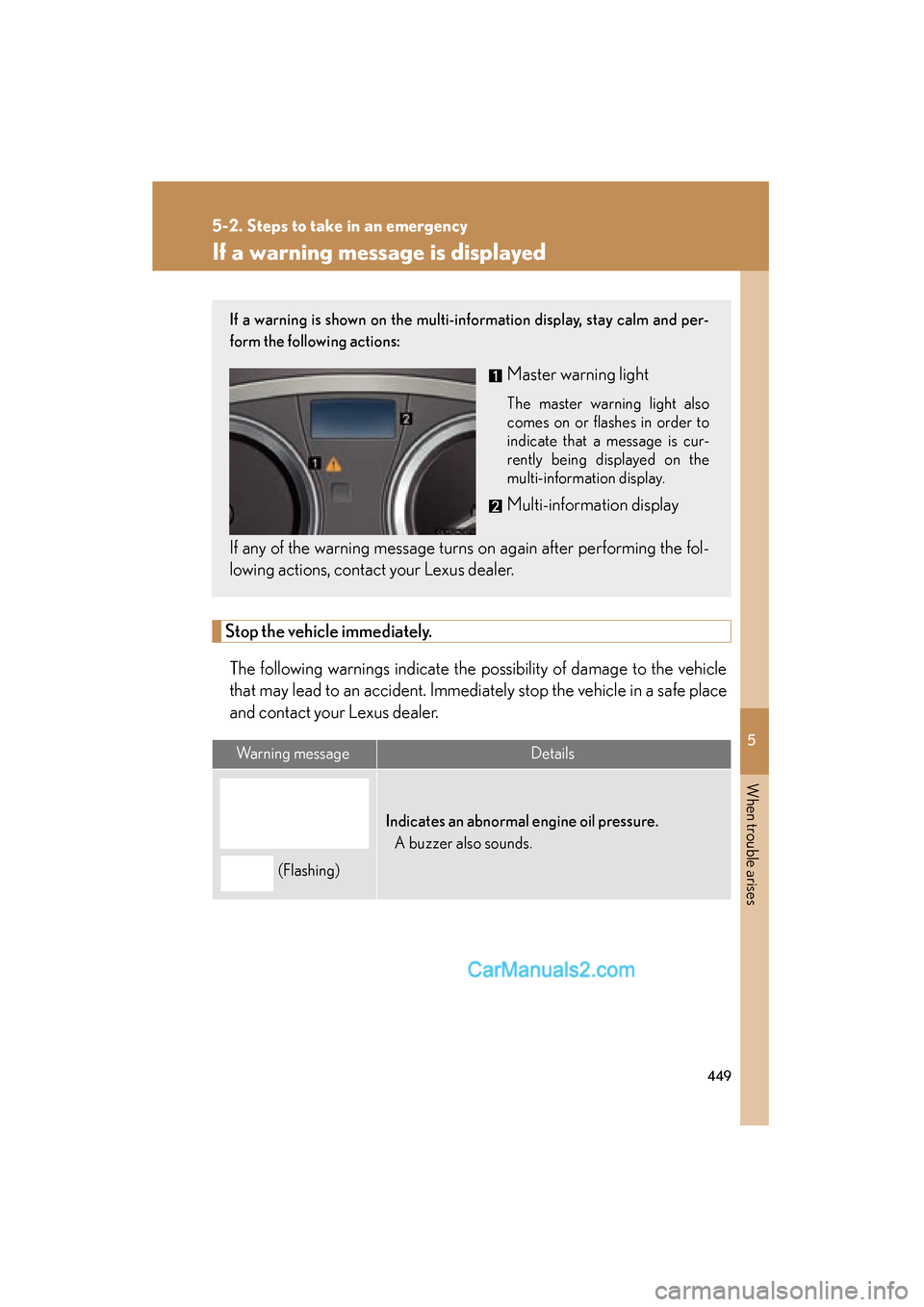 Lexus ES350 2010  Owners Manuals 5
When trouble arises
449
5-2. Steps to take in an emergency
ES350_U
If a warning message is displayed
Stop the vehicle immediately.The following warnings indicate the possibility of damage to the veh
