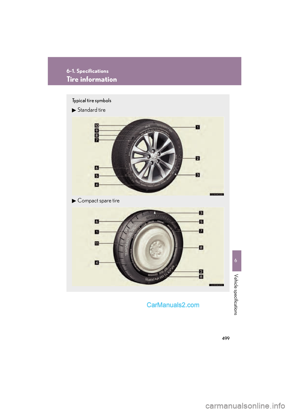 Lexus ES350 2010  Owners Manuals 499
6-1. Specifications
6
Vehicle specifications
ES350_U
Tire information
Typical tire symbols
Standard tire
Compact spare tire  