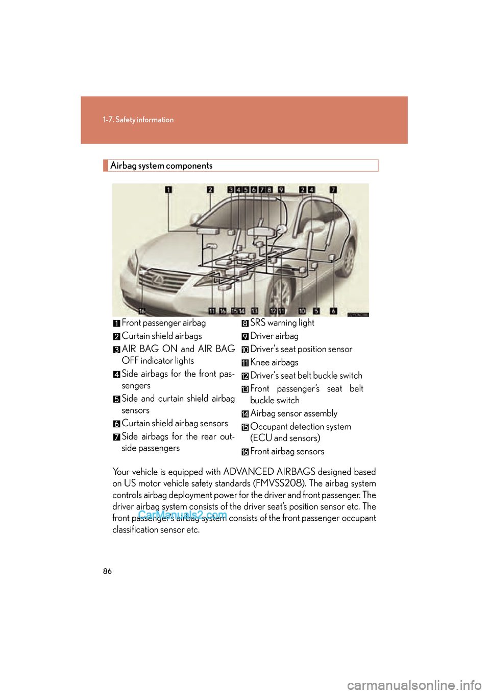 Lexus ES350 2010  Owners Manuals 86
1-7. Safety information
ES350_U
Airbag system componentsYour vehicle is equipped with ADVANCED AIRBAGS designed based
on US motor vehicle safety standards (FMVSS208). The airbag system
controls air