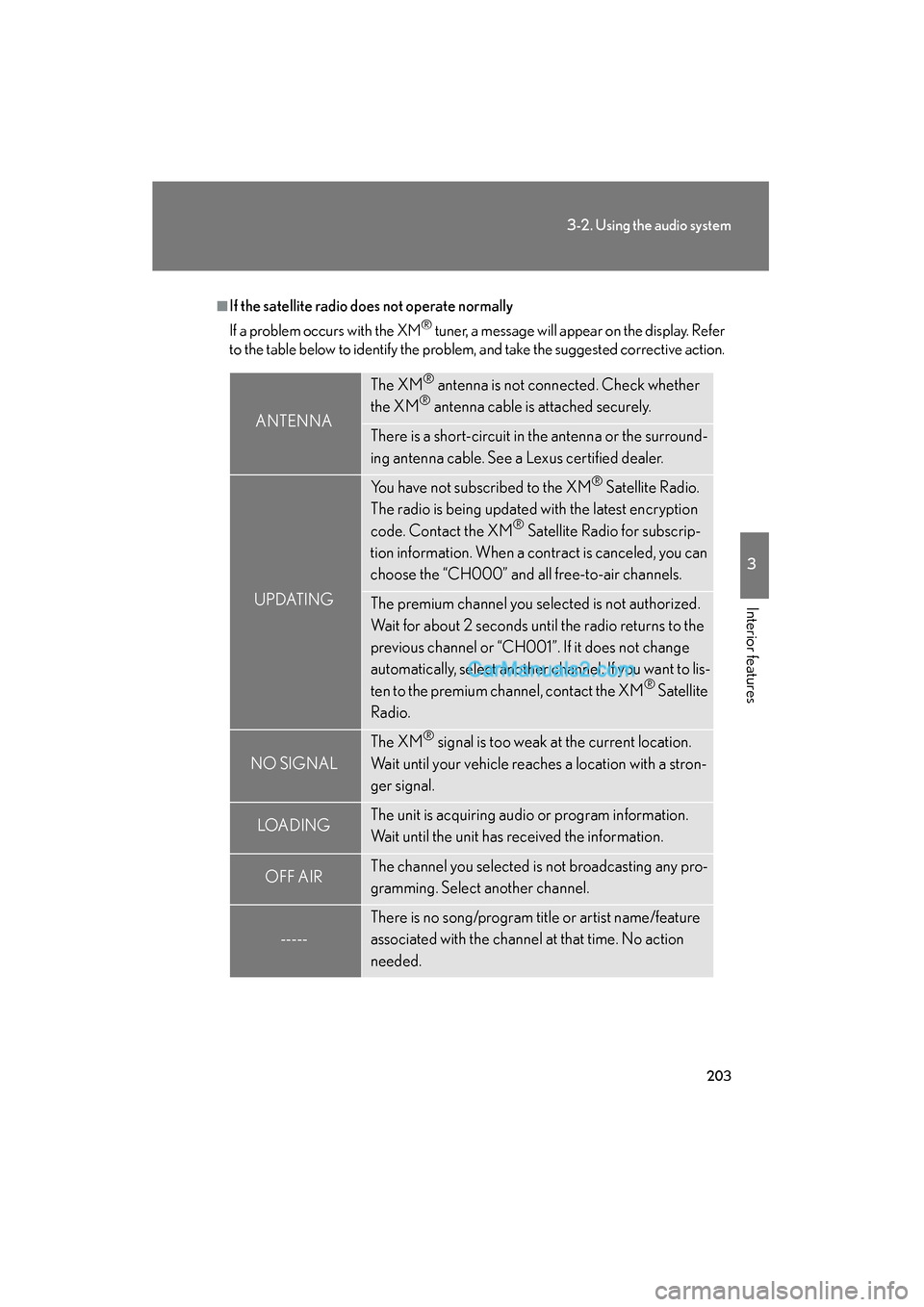 Lexus ES350 2009  Owners Manual 203
3-2. Using the audio system
3
Interior features
ES350_U_(L/O_0808)
■If the satellite radio does not operate normally
If a problem occurs with the XM
® tuner, a message will appear on the displa
