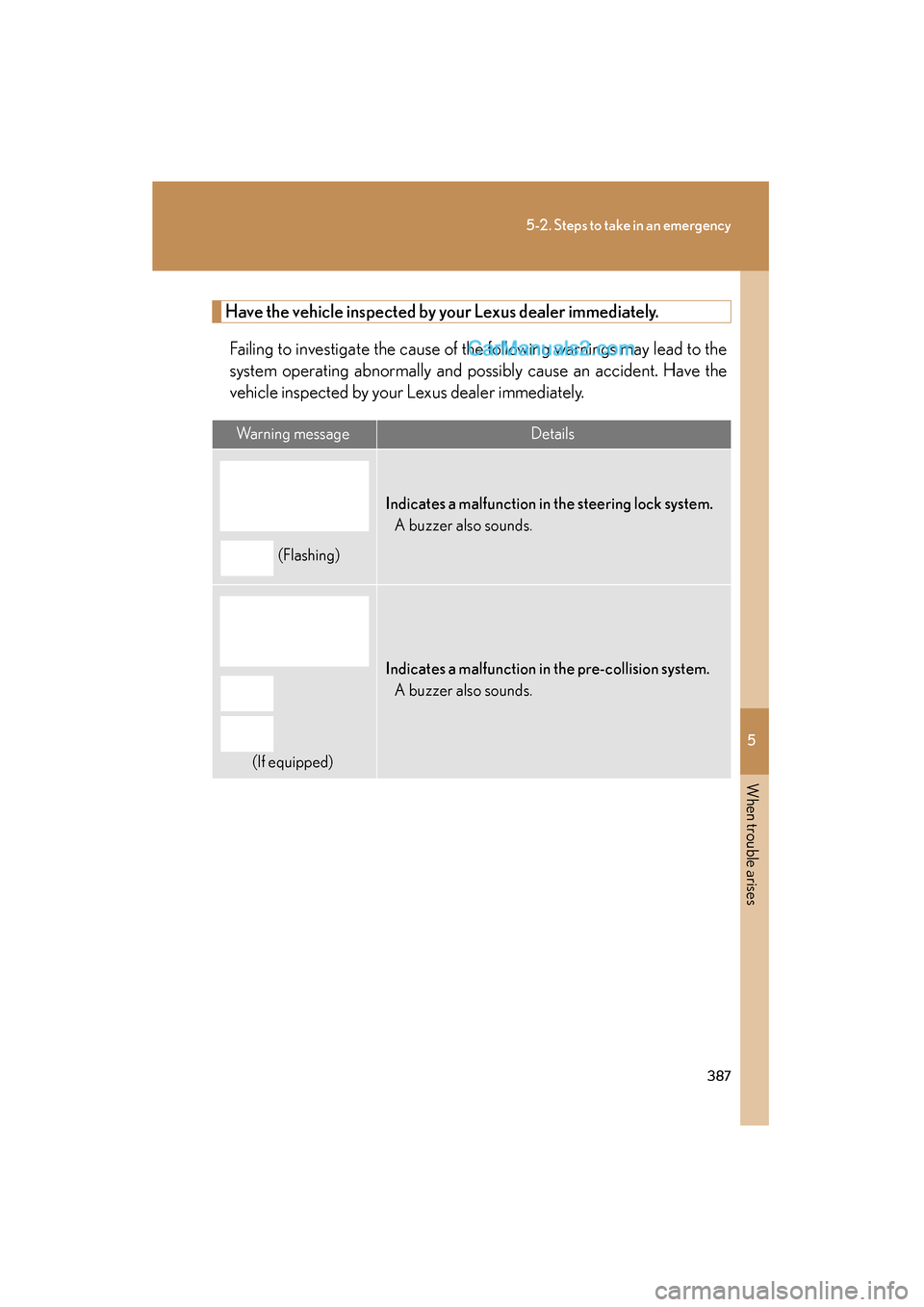 Lexus ES350 2009 Owners Manual 5
When trouble arises
387
5-2. Steps to take in an emergency
ES350_U_(L/O_0808)
Have the vehicle inspected by your Lexus dealer immediately.
Failing to investigate the cause of the following warnings Lexus ES350 2009 Owners Manual 5
When trouble arises
387
5-2. Steps to take in an emergency
ES350_U_(L/O_0808)
Have the vehicle inspected by your Lexus dealer immediately.
Failing to investigate the cause of the following warnings