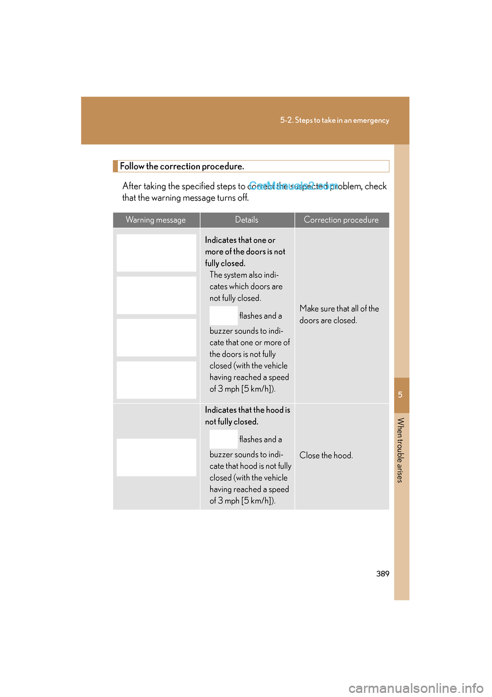 Lexus ES350 2009 Owners Manual 5
When trouble arises
389
5-2. Steps to take in an emergency
ES350_U_(L/O_0808)
Follow the correction procedure.After taking the specified steps to correct the suspected problem, check
that the warnin Lexus ES350 2009 Owners Manual 5
When trouble arises
389
5-2. Steps to take in an emergency
ES350_U_(L/O_0808)
Follow the correction procedure.After taking the specified steps to correct the suspected problem, check
that the warnin