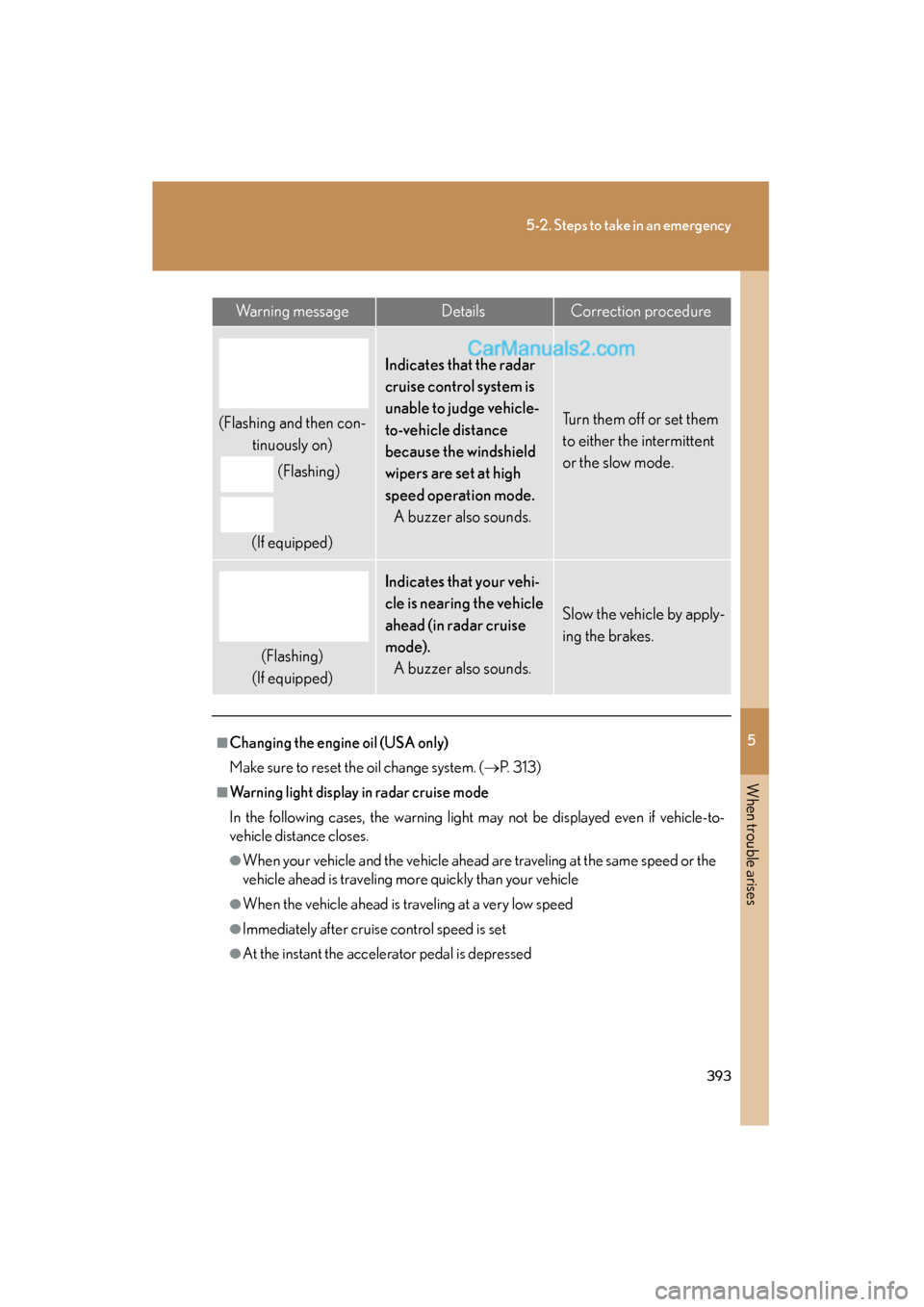 Lexus ES350 2009  Owners Manual 5
When trouble arises
393
5-2. Steps to take in an emergency
ES350_U_(L/O_0808)
Warning messageDetailsCorrection procedure
(Flashing and then con-tinuously on)
(Flashing)
(If equipped)
Indicates that 