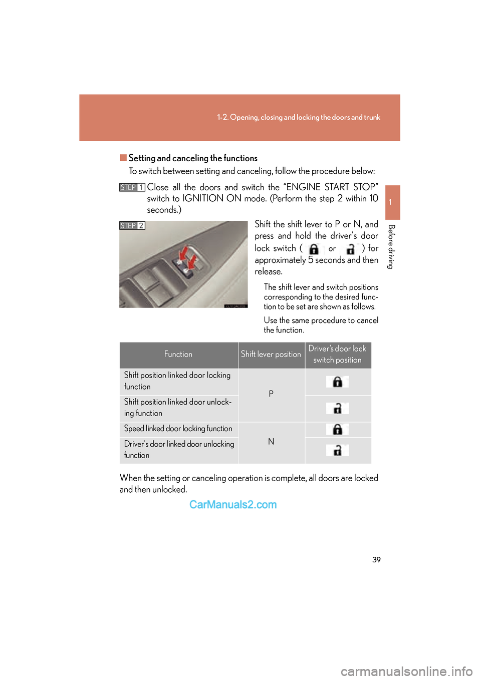 Lexus ES350 2009 Service Manual 39
1-2. Opening, closing and locking the doors and trunk
1
Before driving
ES350_U_(L/O_0808)■
Setting and canceling the functions
To switch between setting and canceling, follow the procedure below: Lexus ES350 2009 Service Manual 39
1-2. Opening, closing and locking the doors and trunk
1
Before driving
ES350_U_(L/O_0808)■
Setting and canceling the functions
To switch between setting and canceling, follow the procedure below: